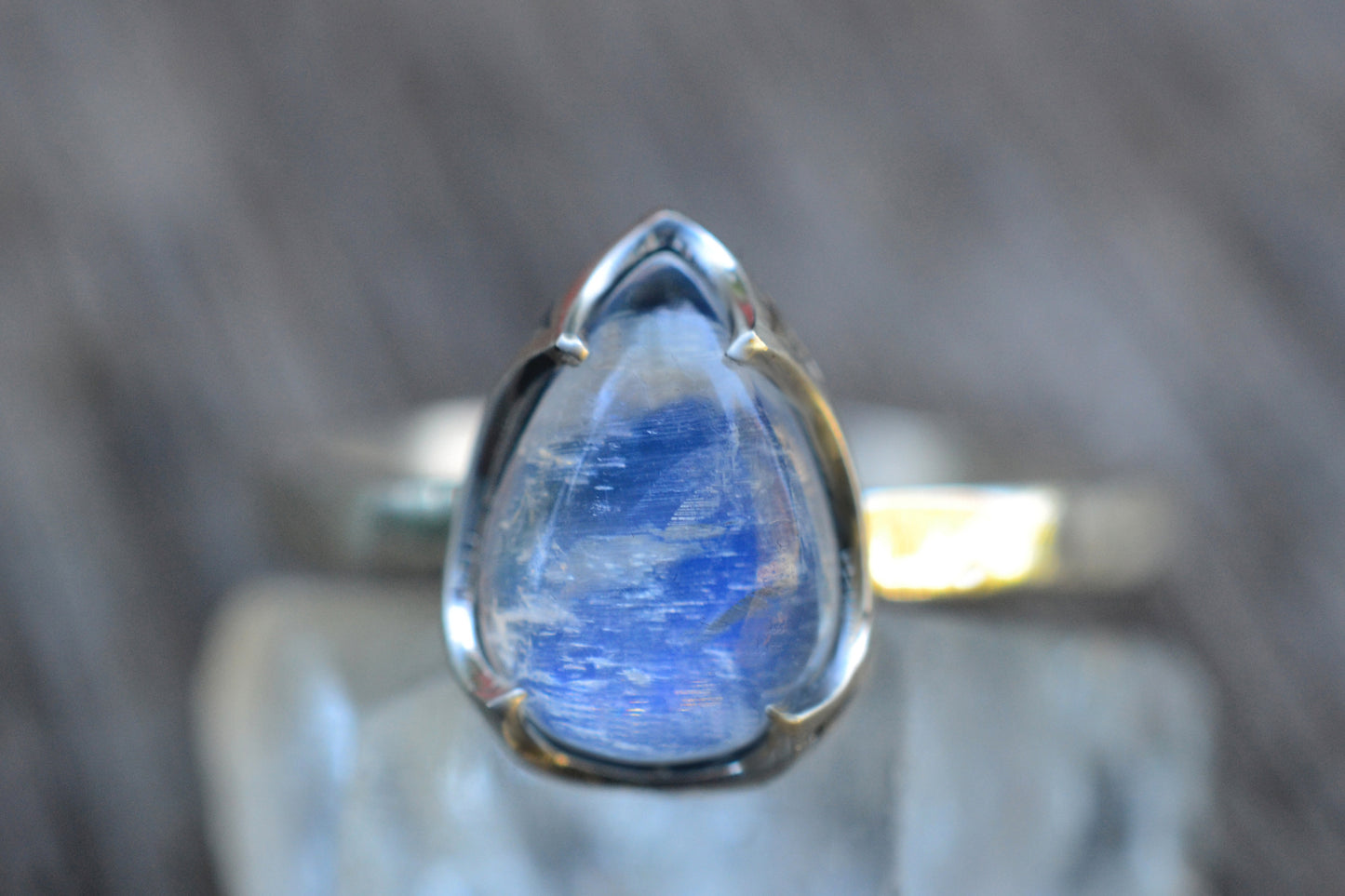 Teardrop Rainbow Moonstone Statement Ring in Silver