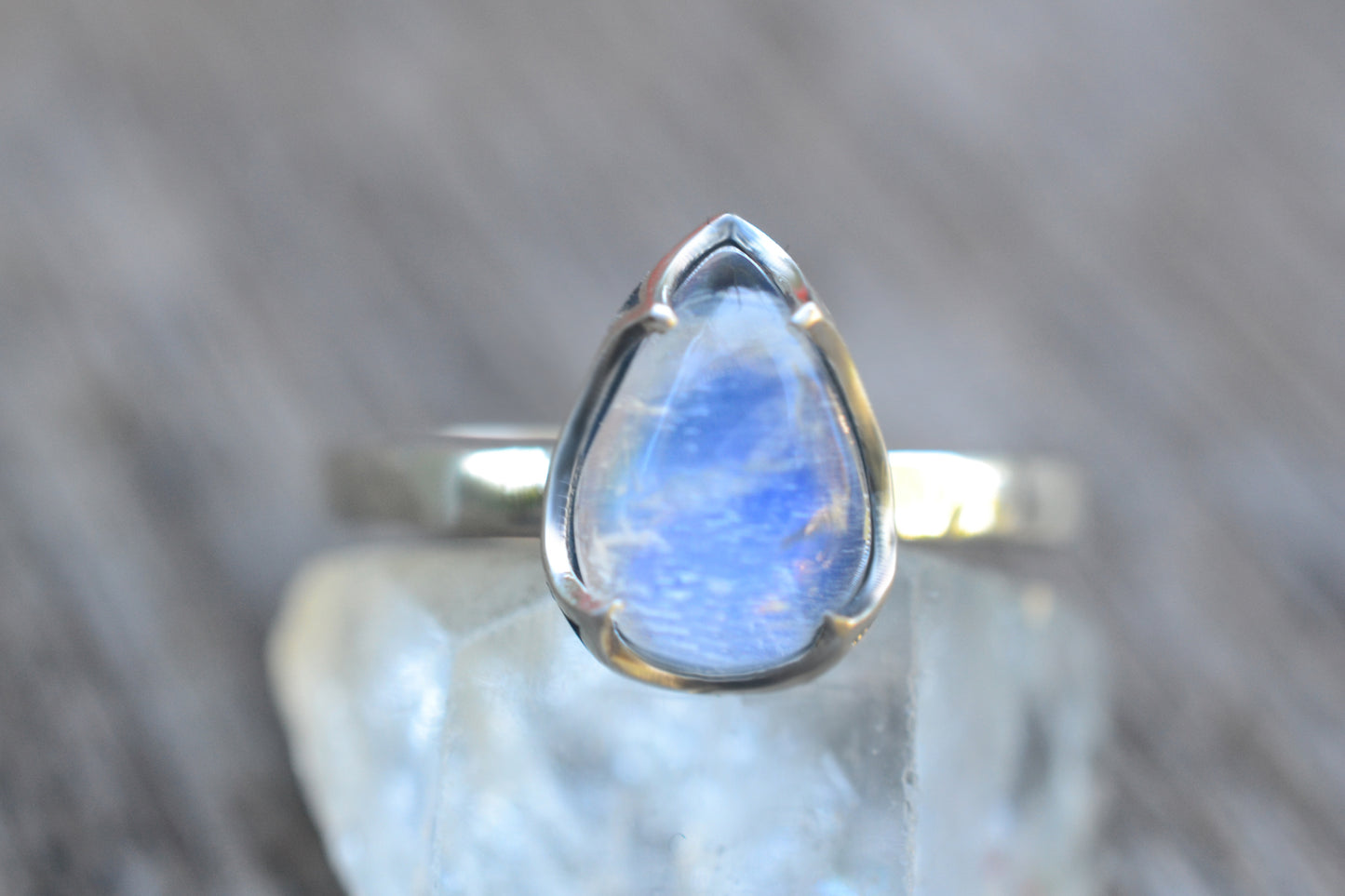 Pear Shape Rainbow Moonstone Ring in Silver
