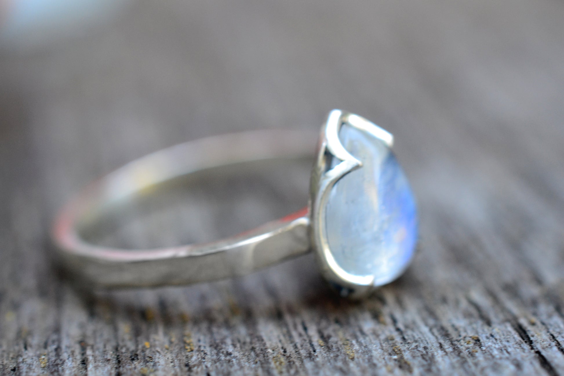 Teardrop Shape Rainbow Moonstone Ring in Silver