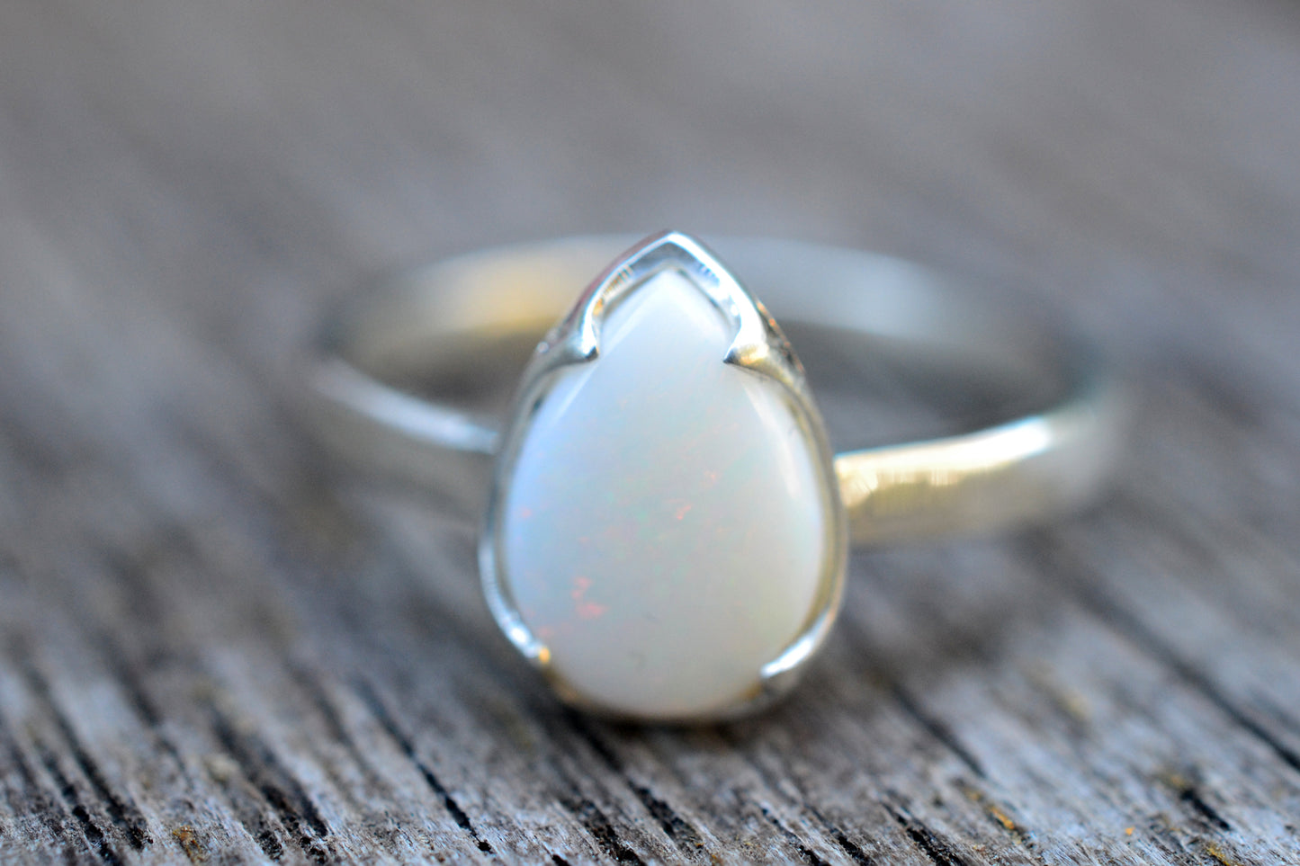 Teardrop White Opal Ring in Sterling Silver