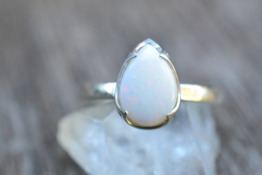 Simple Sterling Silver Ring With Pear Shape White Opal