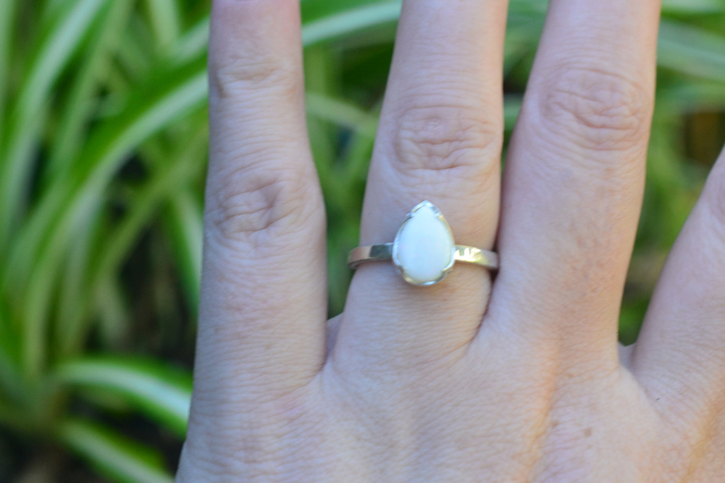 Teardrop White Opal Ring in 925 Sterling Silver