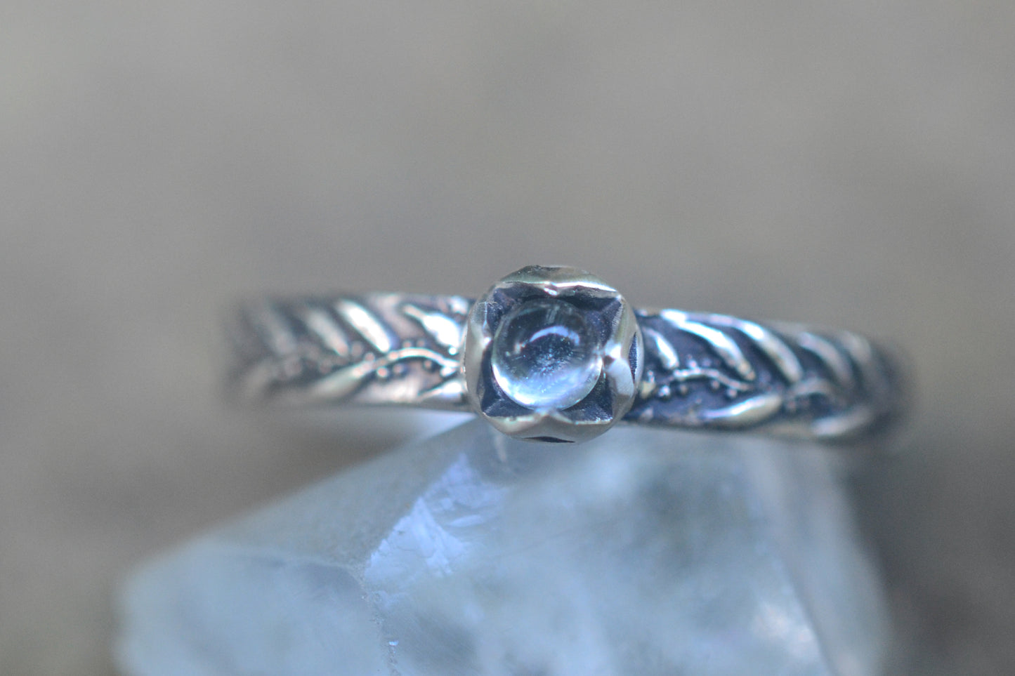 Tiny Aquamarine Crystal Ring With Leaf Pattern