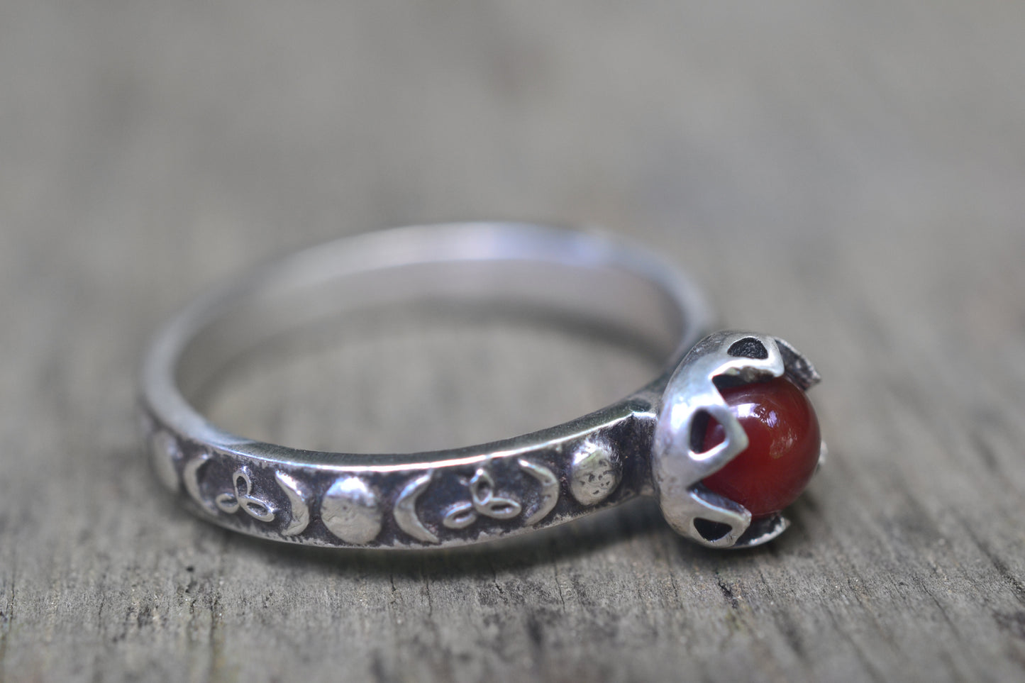 Oxidised Silver Triple Goddess Red Stone Ring