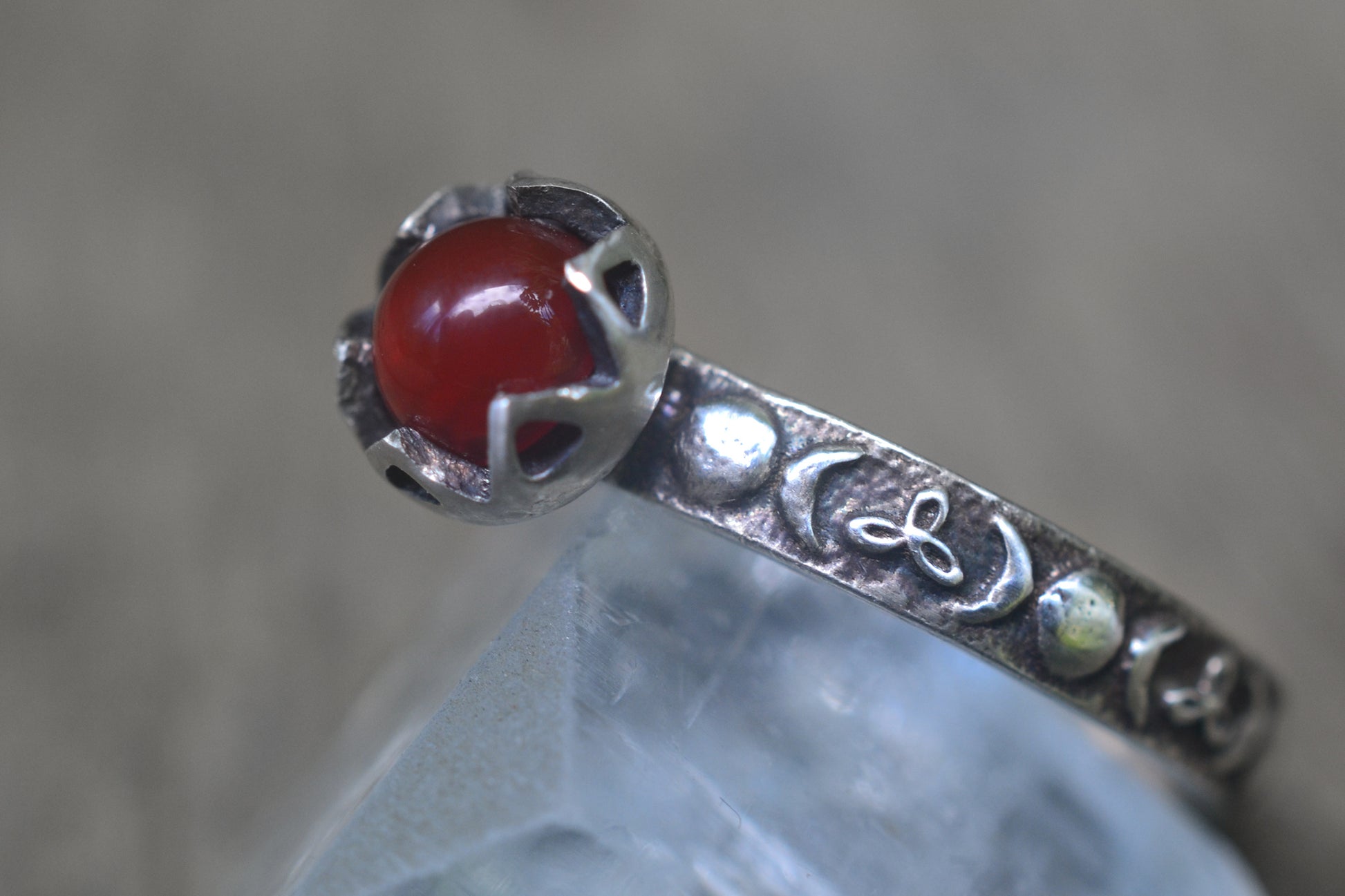 Witchy Red Stone Ring in Oxidised Sterling Silver