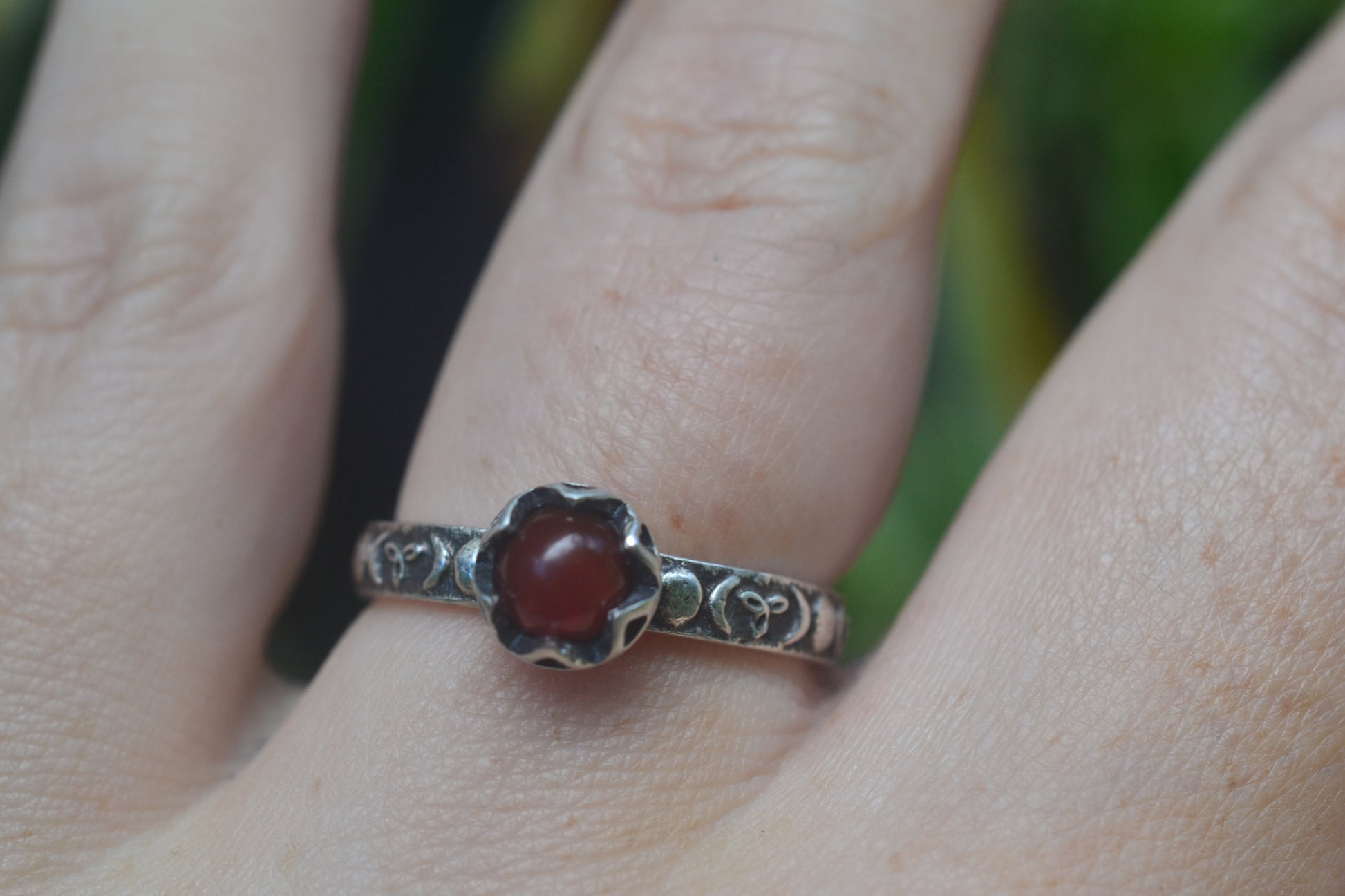 Pagan Triple Moon Goddess Ring With Red Gem