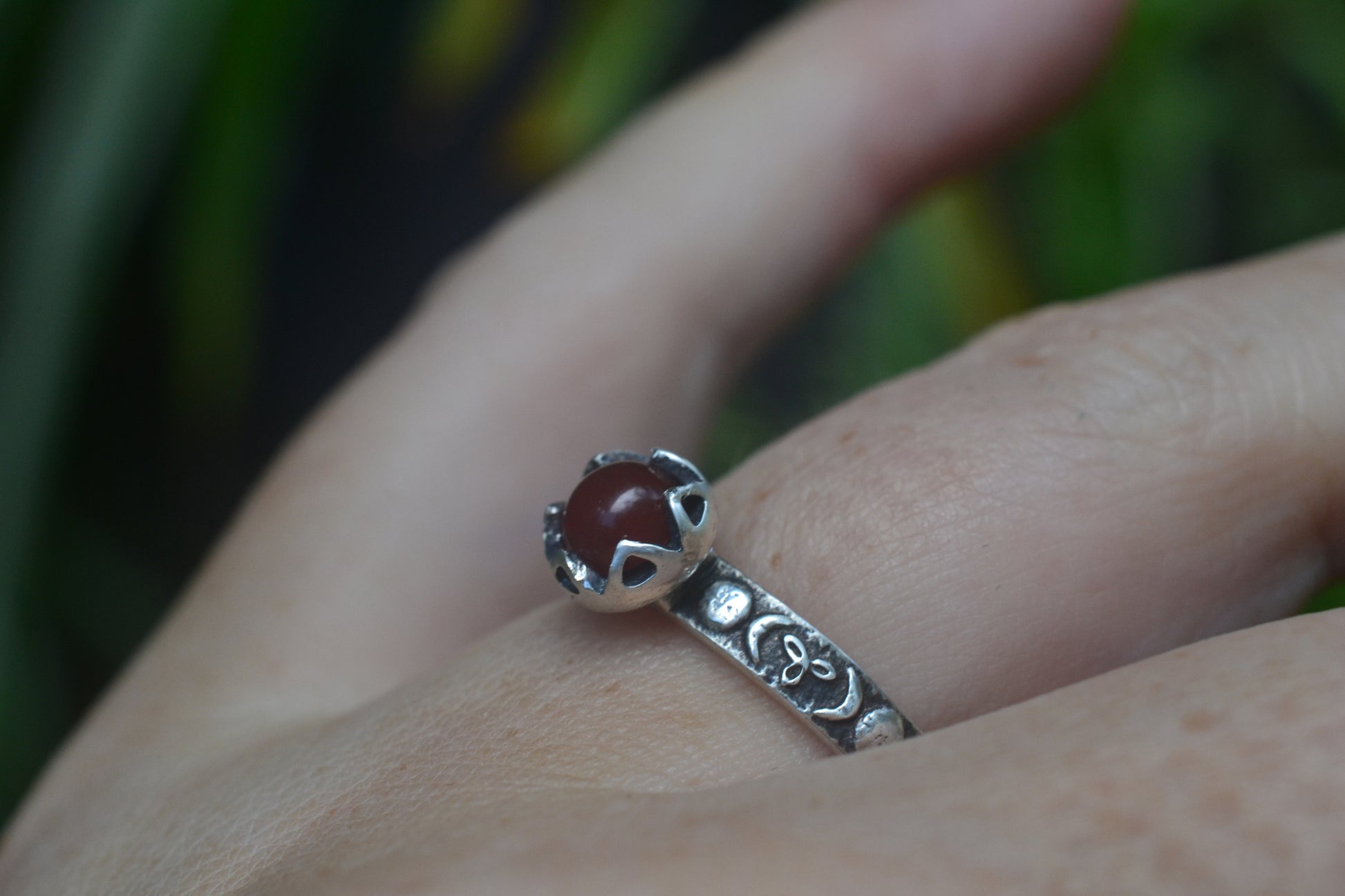 Full Moon Ring in Oxidised Silver With Carnelian