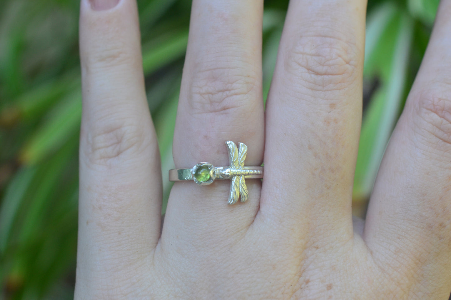 Dainty Dragonfly Ring With Green Stone