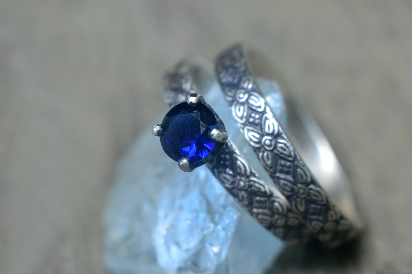 Round Blue Sapphire Poesy Wedding Set