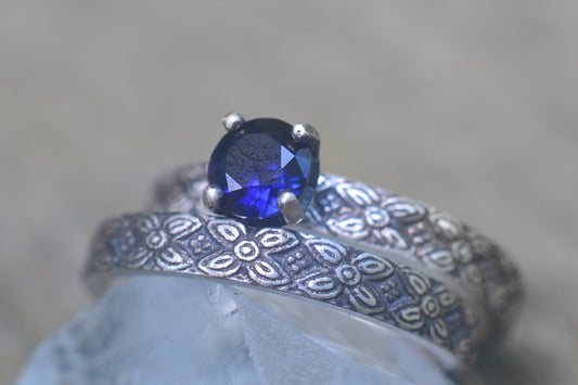 Victorian Style Blue Sapphire Poesy Wedding Set