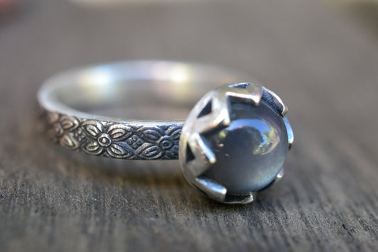 Gothic Grey Moonstone Ring in Oxidised Silver