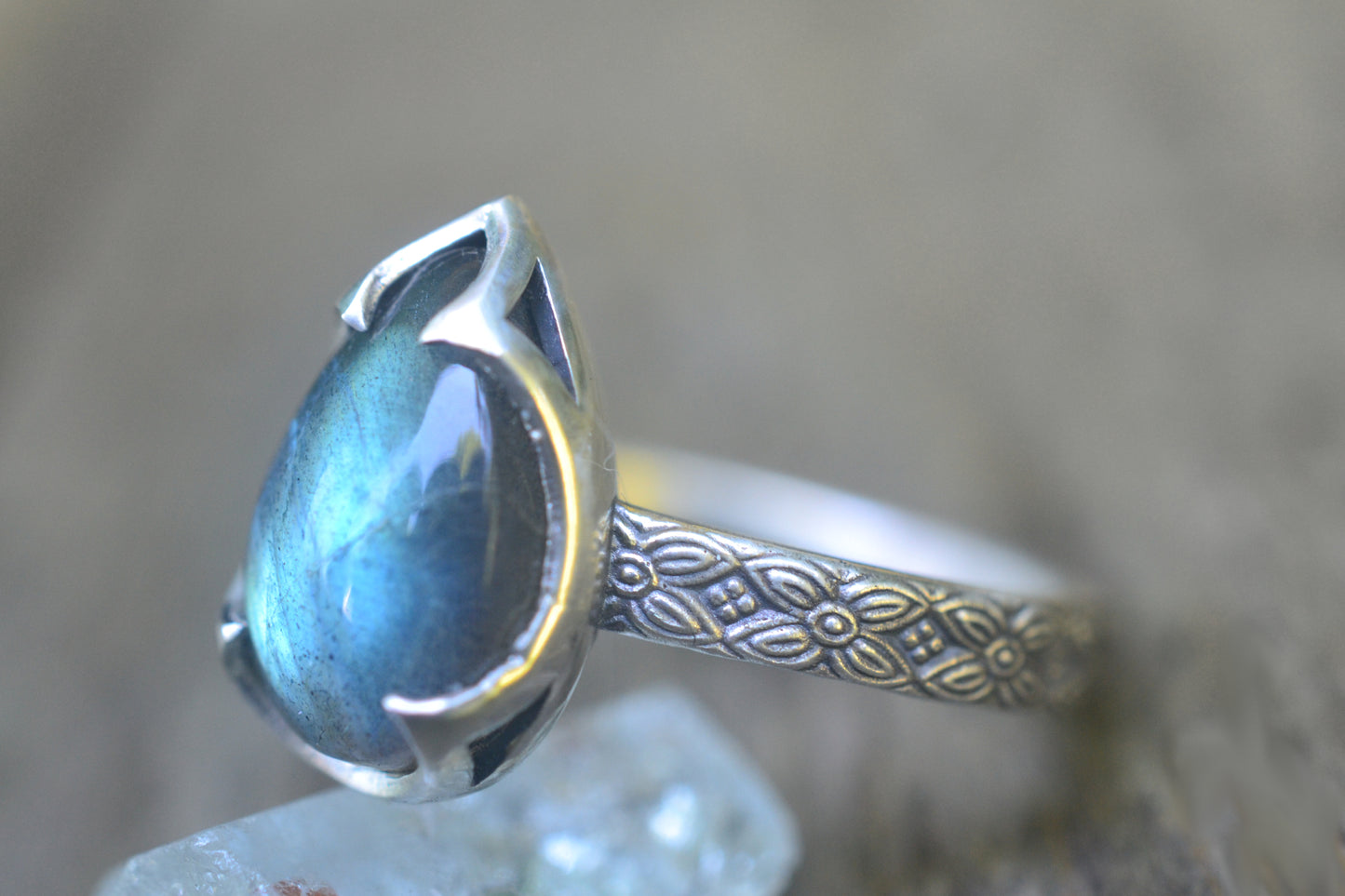 Teardrop Labradorite Ring in Oxidised Silver