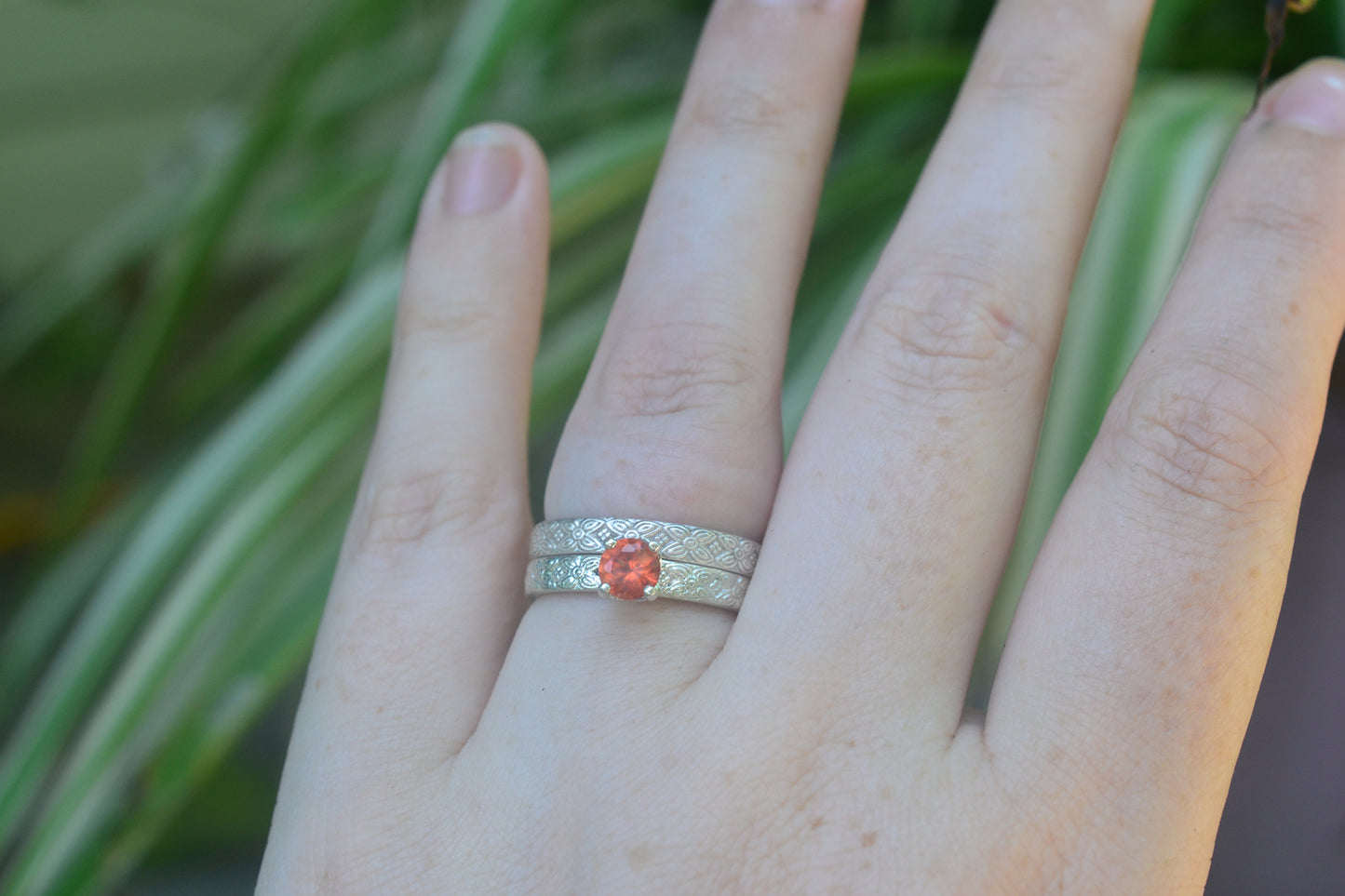 Orange Sapphire Bridal Set, Faceted Crystal, Poesy Wedding Band