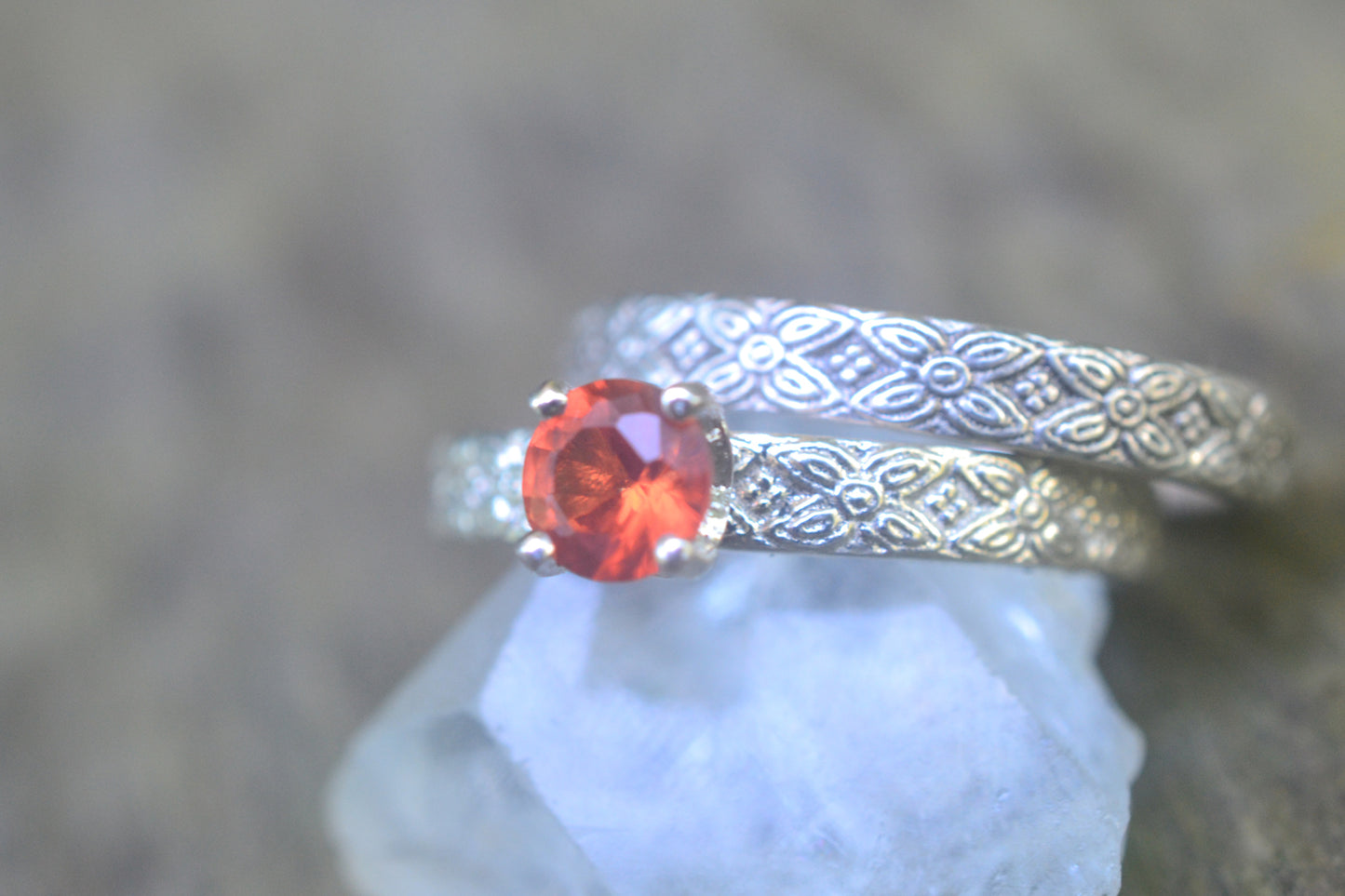 Orange Sapphire Bridal Set, Faceted Crystal, Poesy Wedding Band