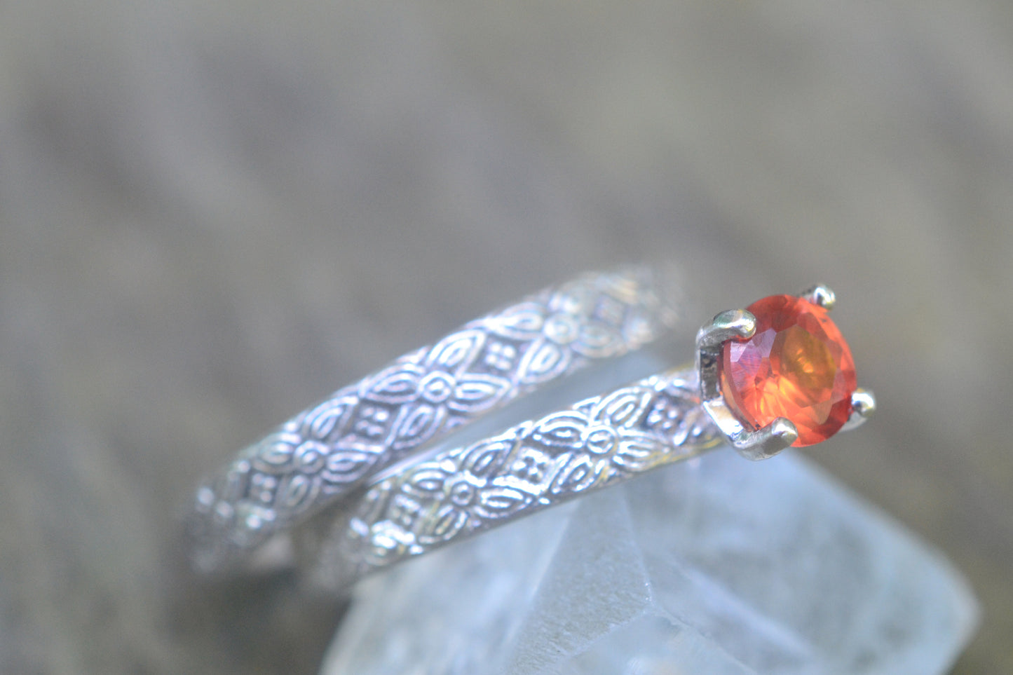 Orange Sapphire Bridal Set, Faceted Crystal, Poesy Wedding Band