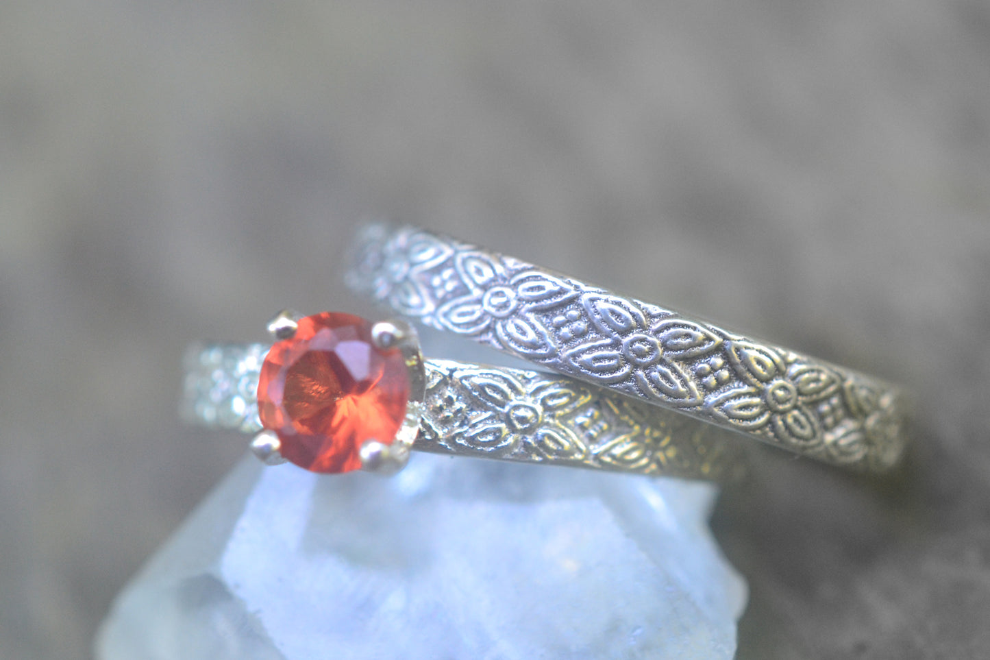 Orange Sapphire Bridal Set, Faceted Crystal, Poesy Wedding Band