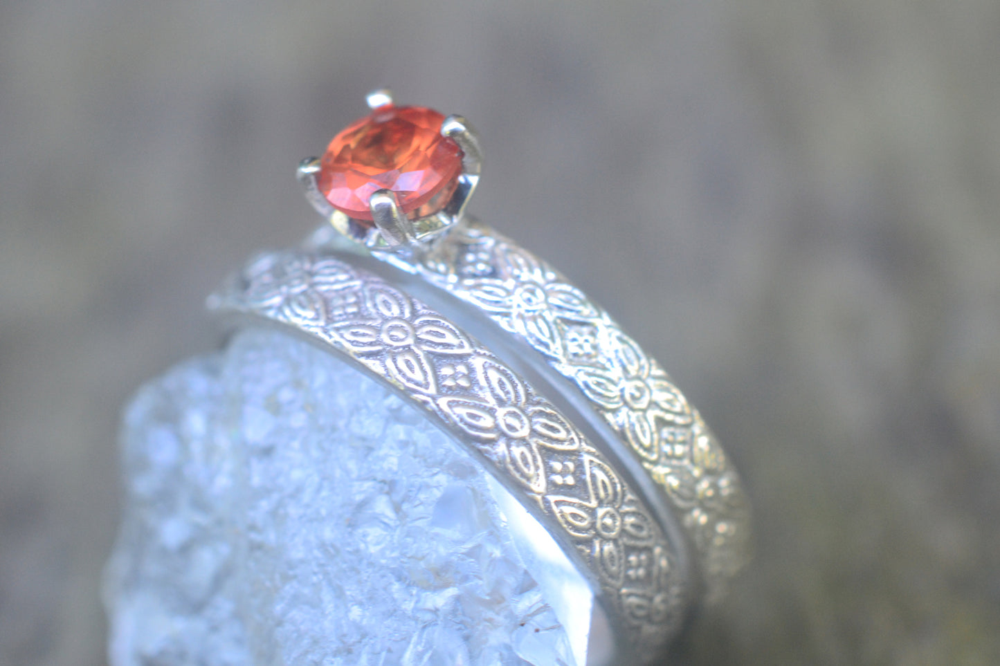 Orange Sapphire Bridal Set, Faceted Crystal, Poesy Wedding Band