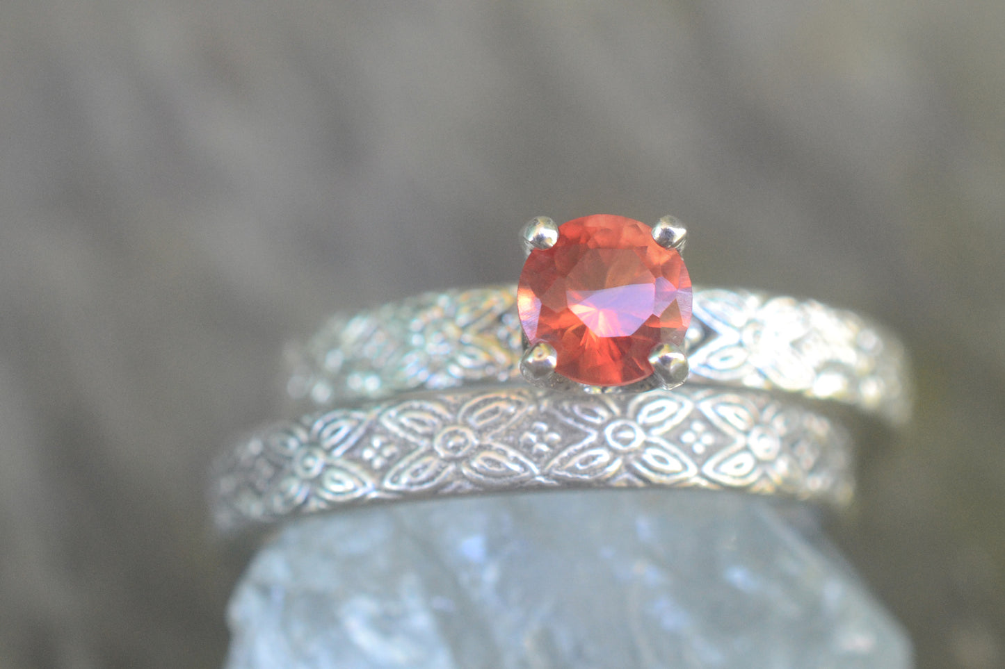 Orange Sapphire Bridal Set, Faceted Crystal, Poesy Wedding Band