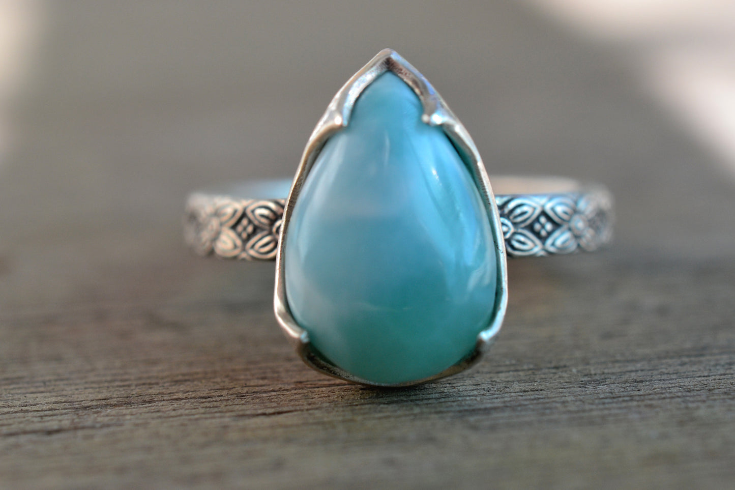 Teardrop Larimar Ring in Oxidised Sterling