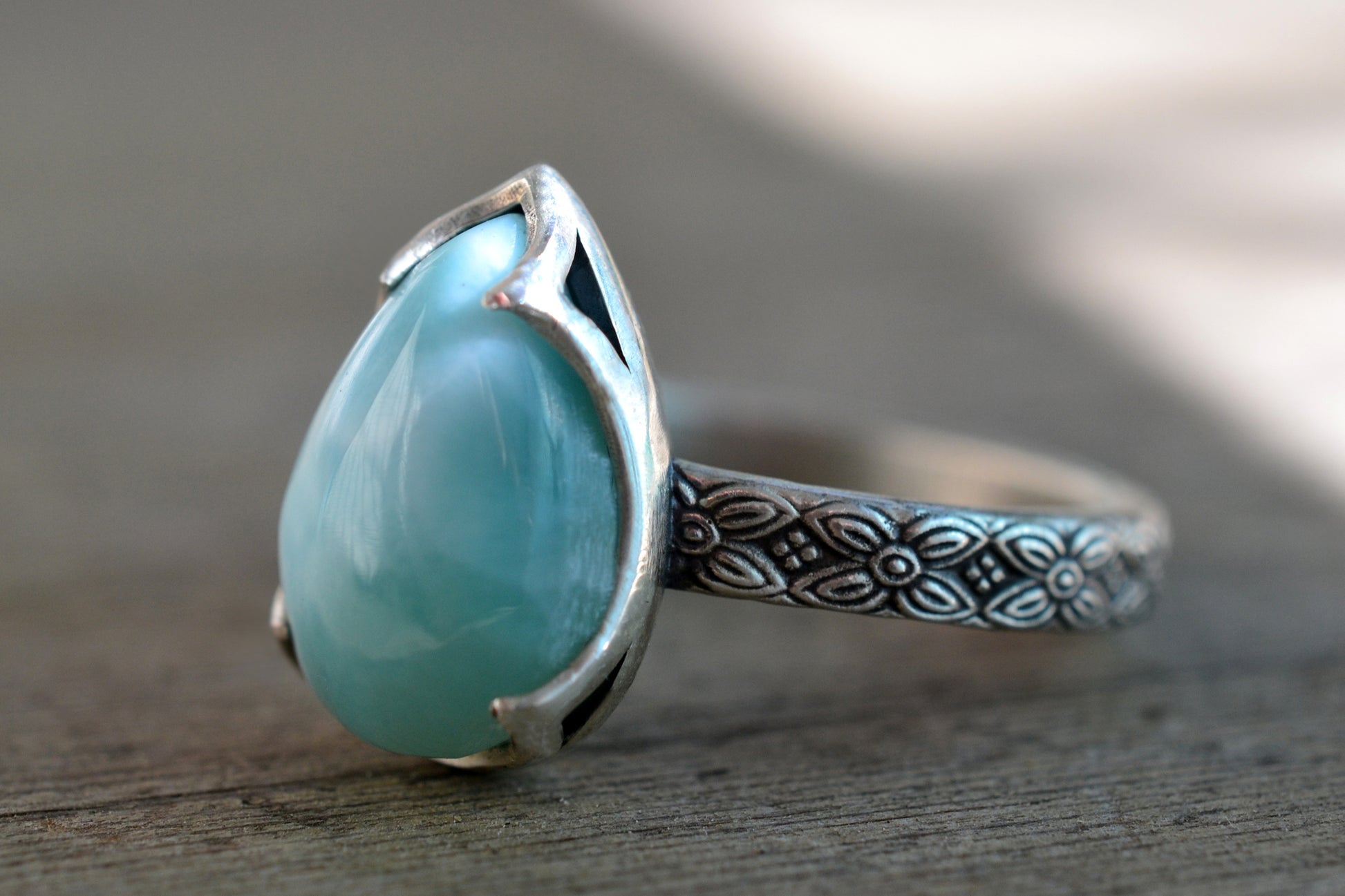 Womens Larimar Ring in Oxidised Floral Silver