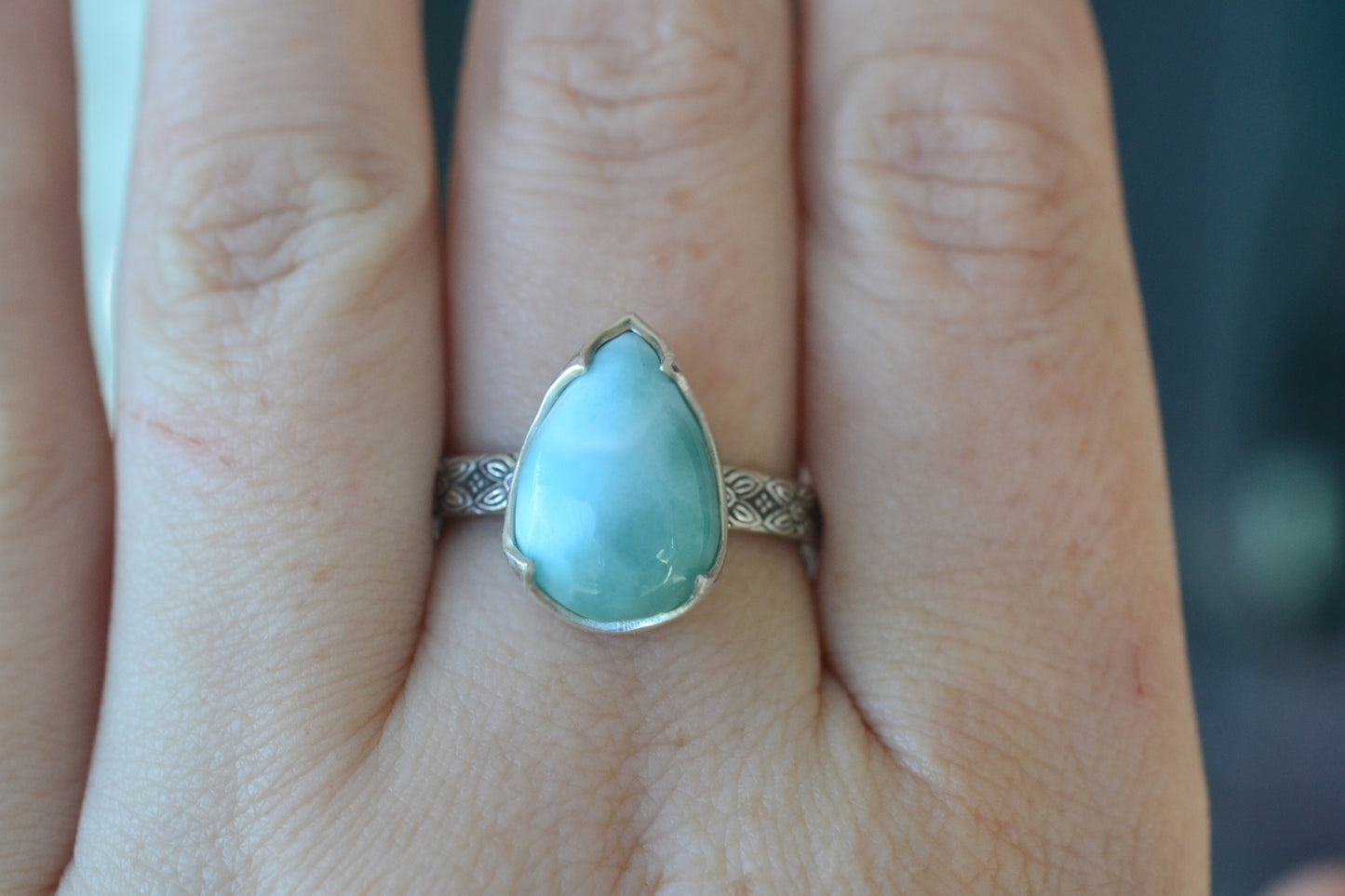 Antiqued Silver Poesy Style Larimar Cocktail Ring