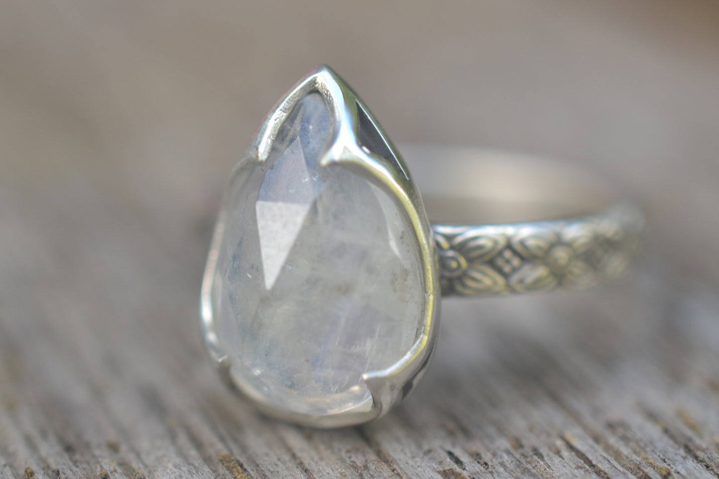 Rose Cut Moonstone Ring in Antiqued Silver