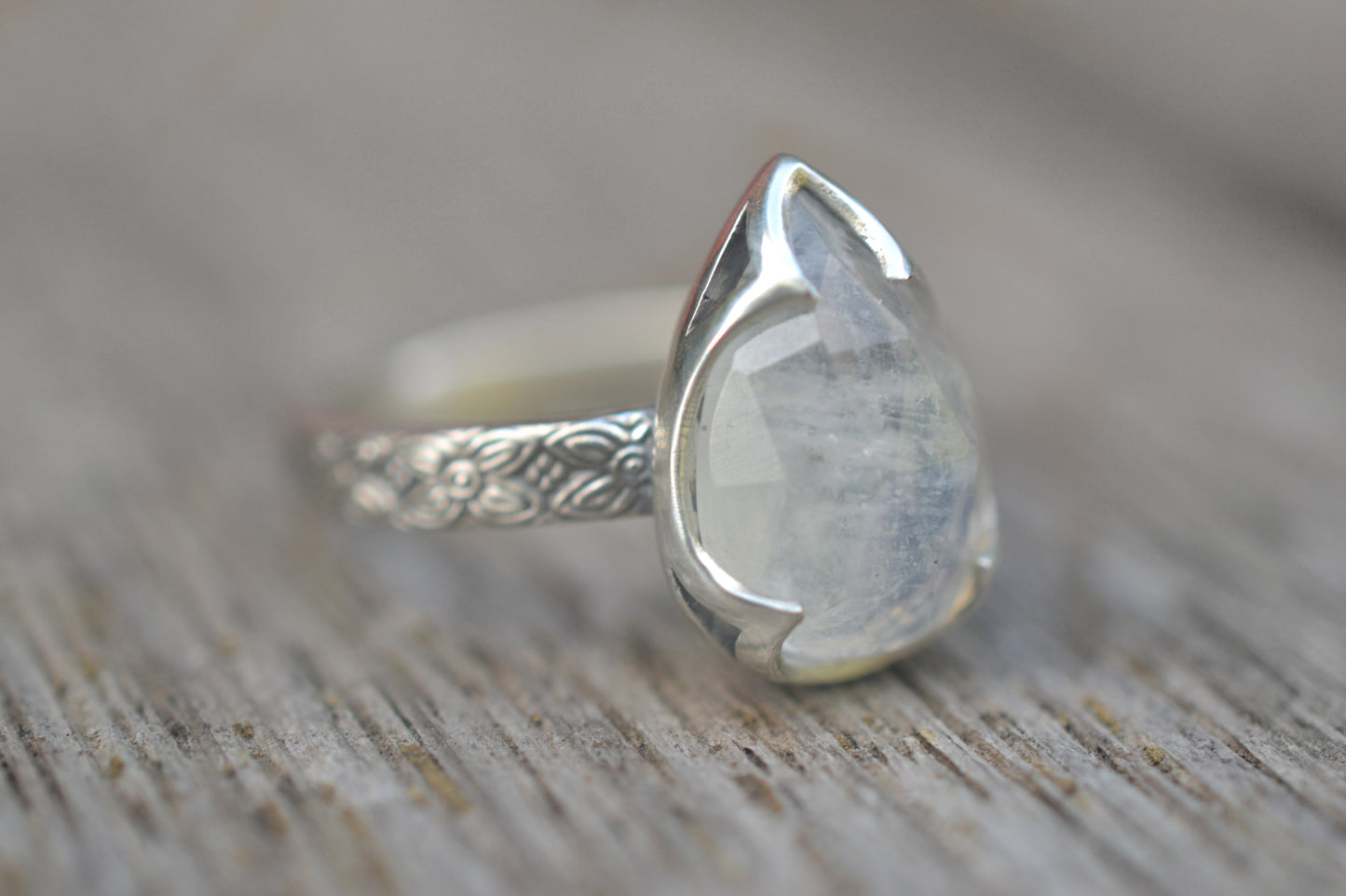 Victorian Style Rainbow Moonstone Teardrop Ring