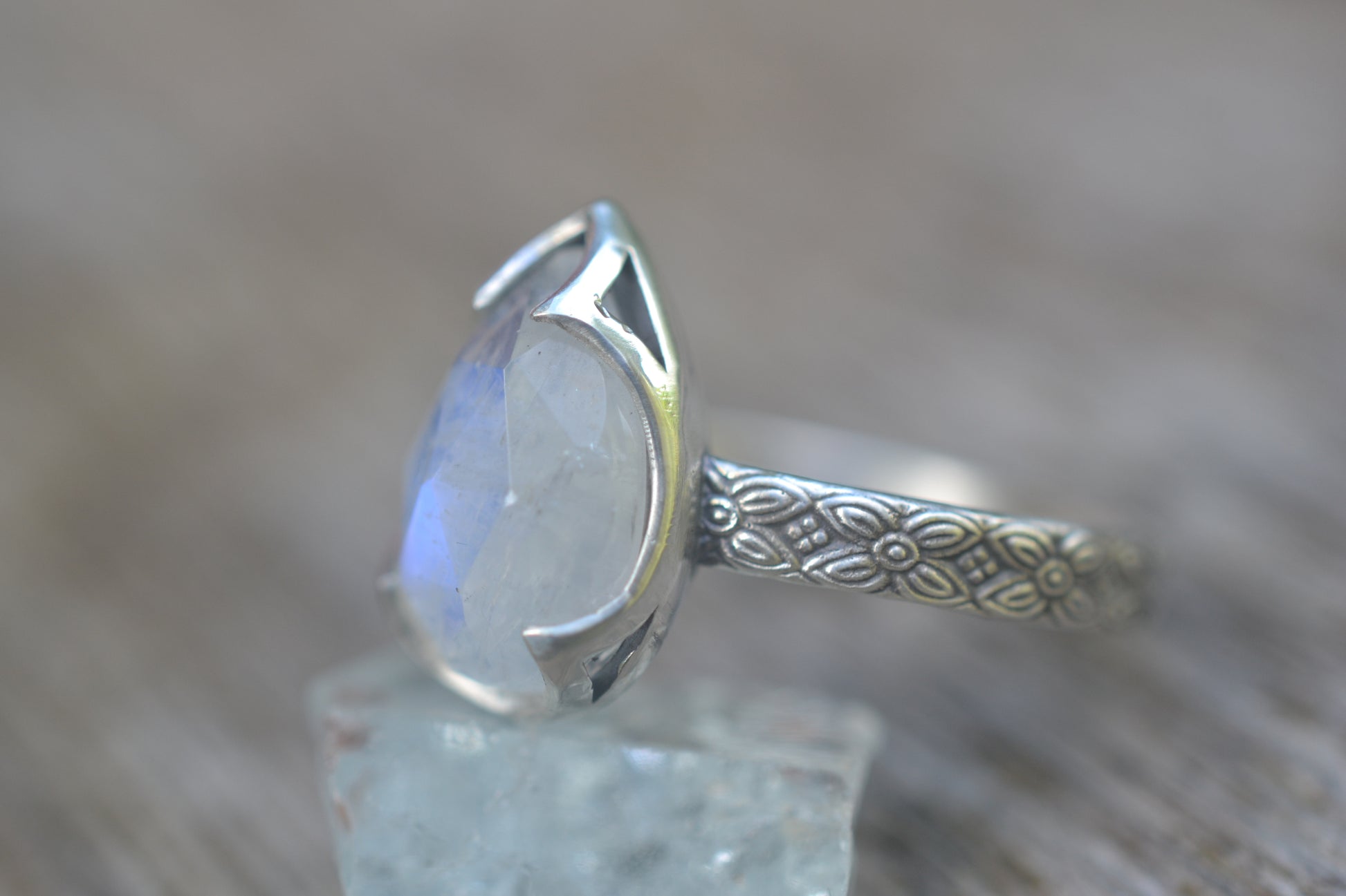 Rainbow Moonstone Pear Ring in Antiqued Silver