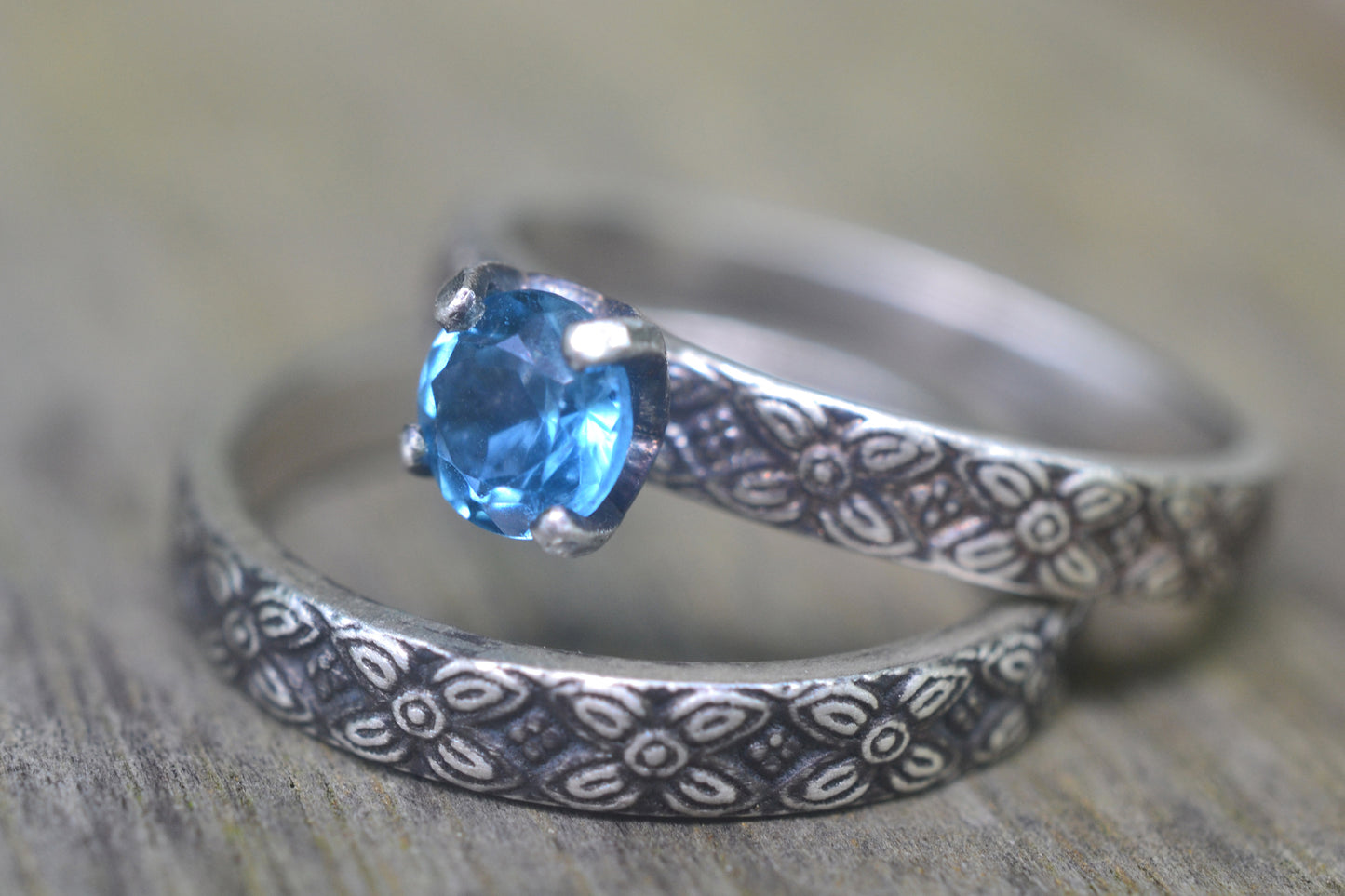Oxidised Silver Bridal Ring Set With Blue Topaz