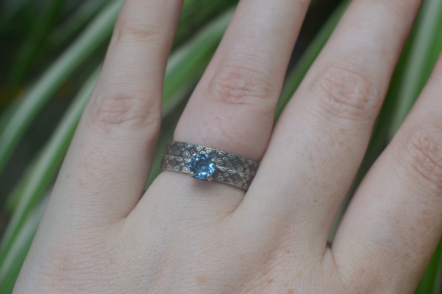 Swiss Blue Topaz Wedding Set in Oxidised Floral Silver