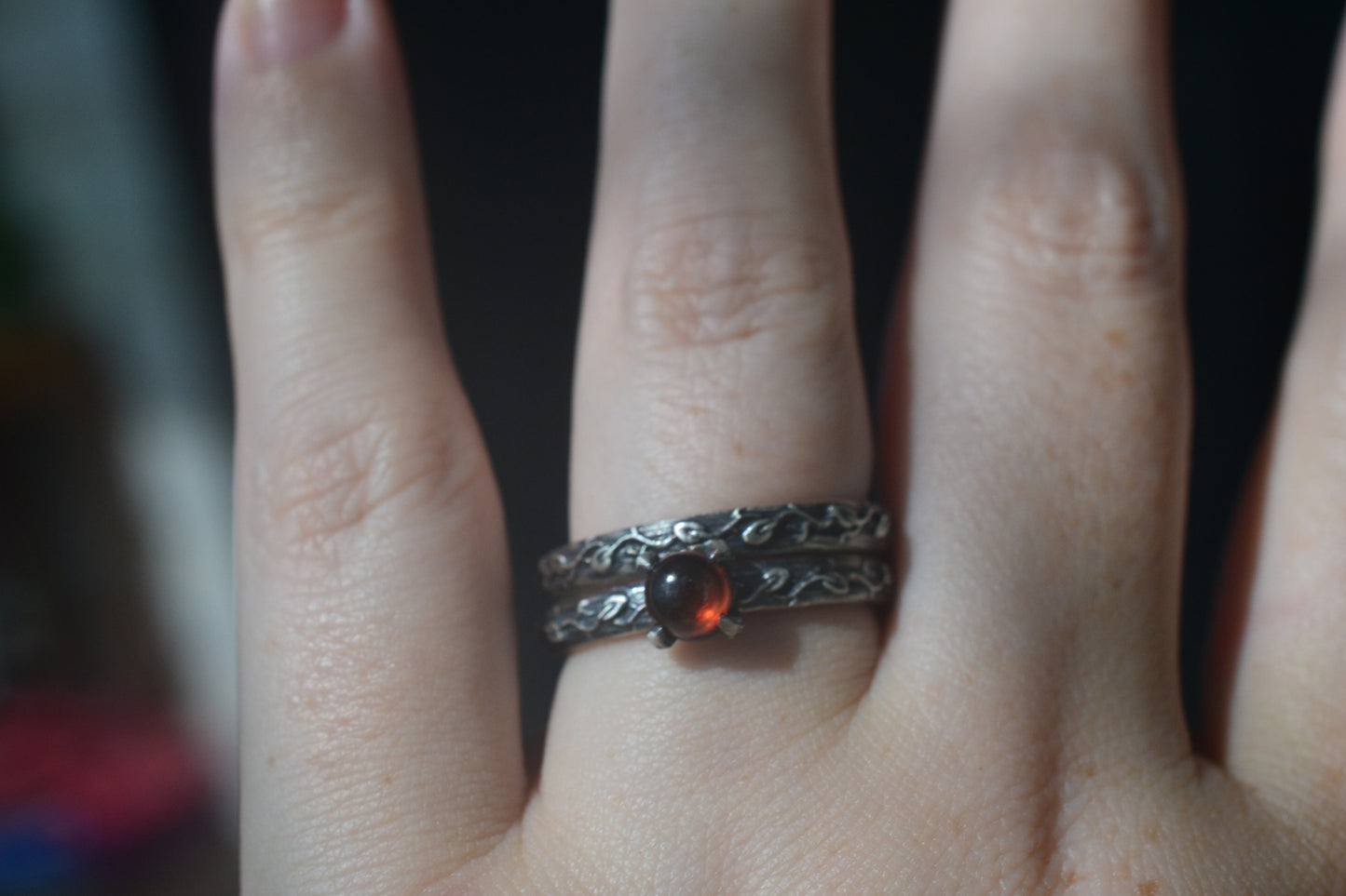 elven inspired garnet leaf bridal ring set