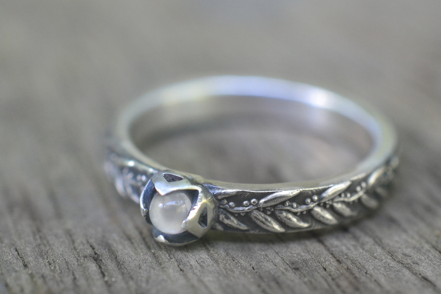White Moonstone Gum Leaf Ring in Silver