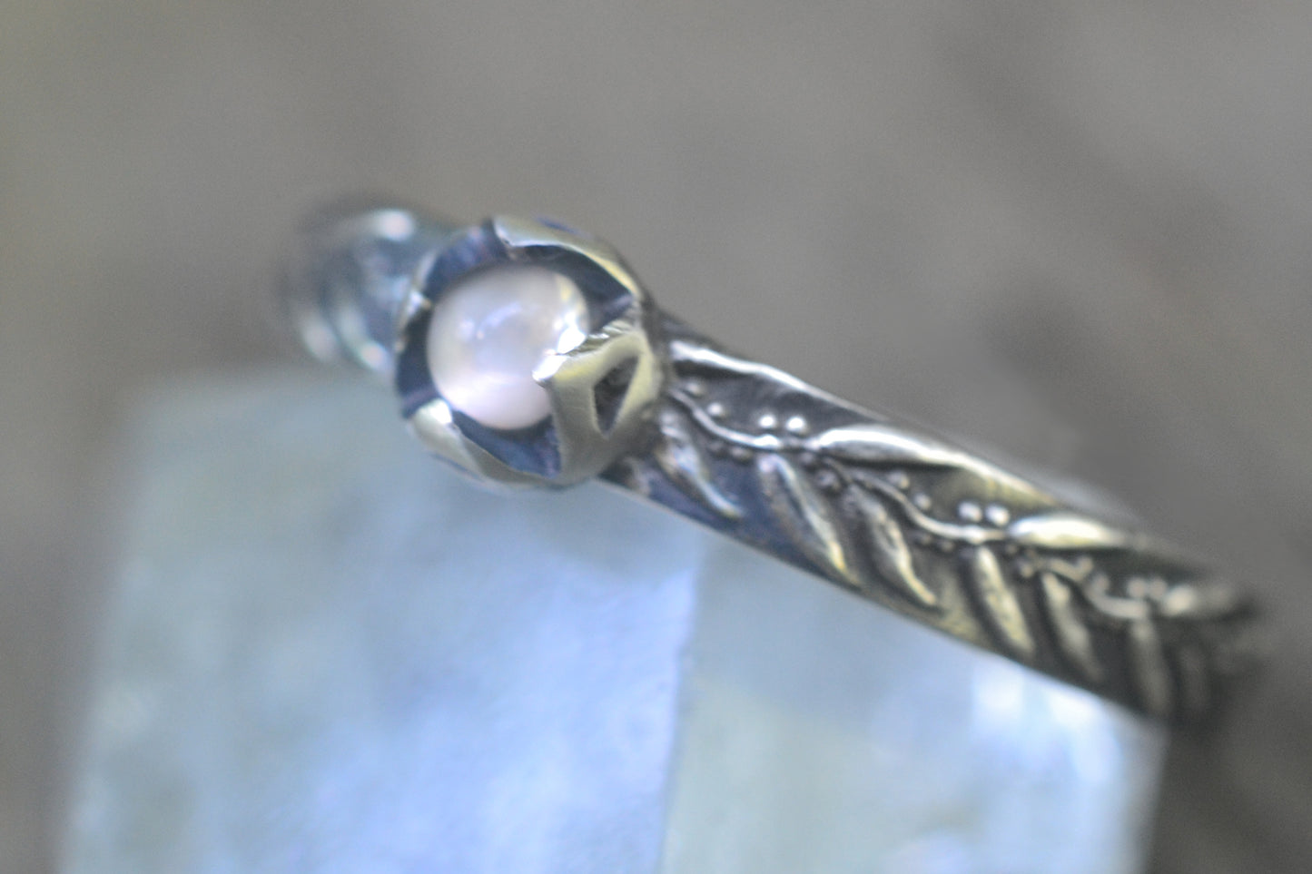 3mm White Moonstone Gum Leaf Ring