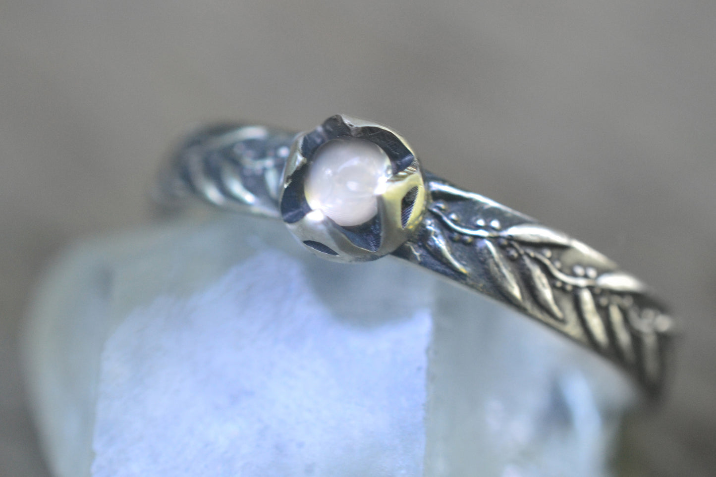 Eucalyptus Leaf Ring with Tiny Moonstone
