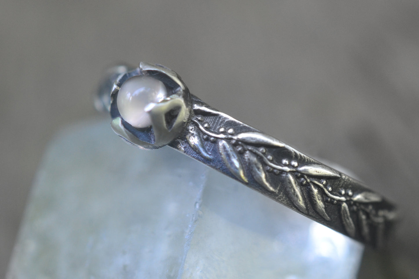 Tiny Moonstone Promise Ring in Oxidised Silver