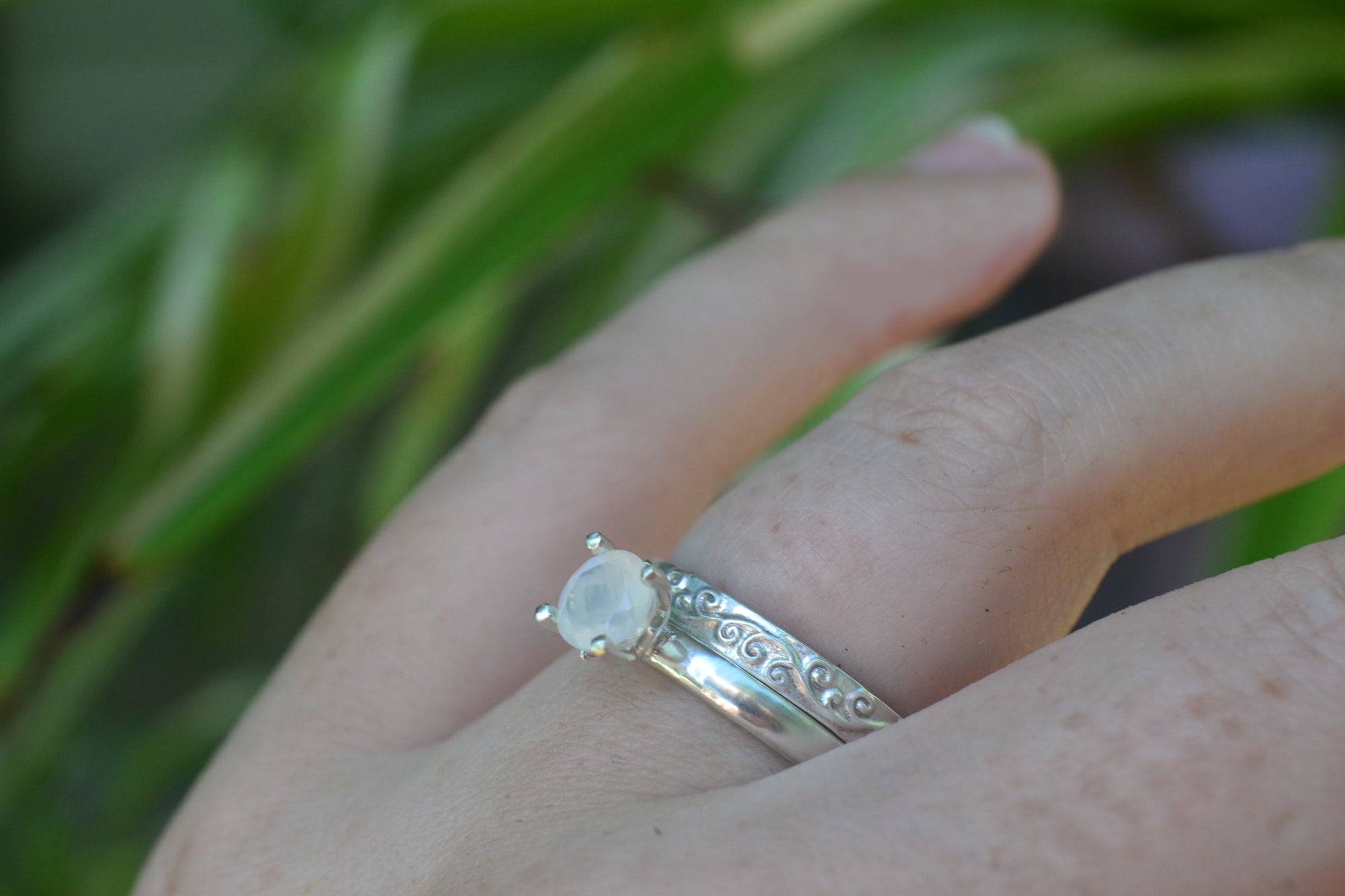 Womens Moonstone Bridal Ring Set in Silver