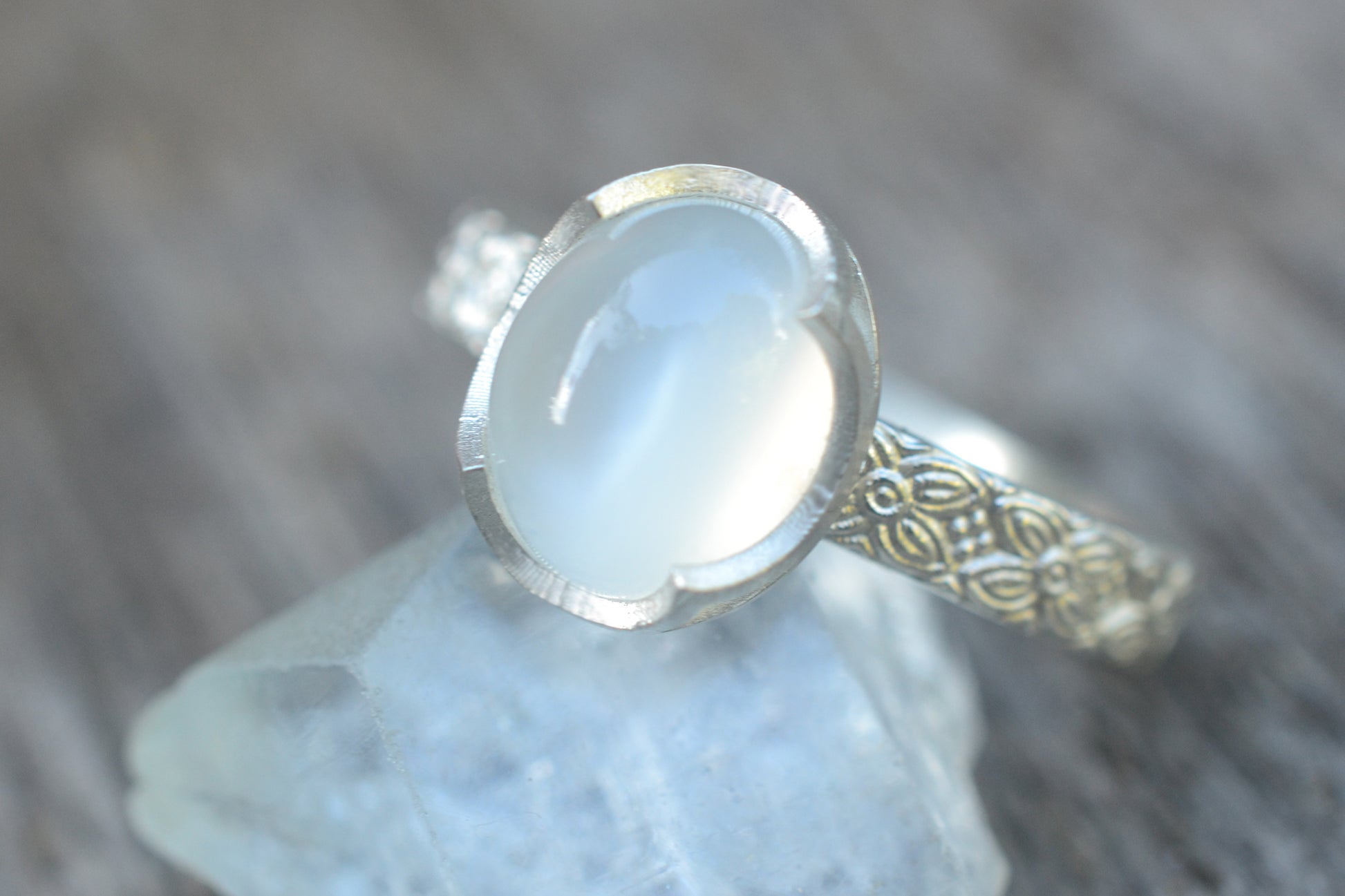 White Moonstone Cocktail Ring With Floral Pattern