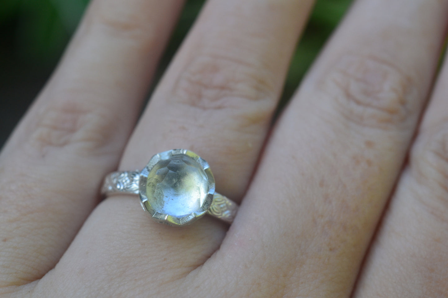8mm White Topaz Ring in Poesy Floral Silver