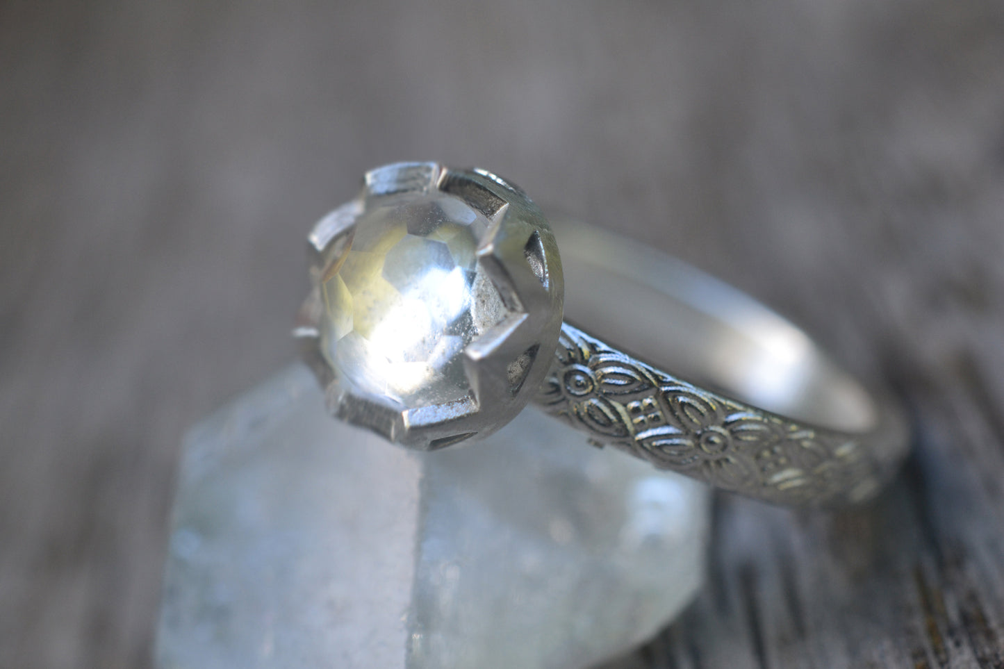 Honeycomb Cut White Topaz Ring in Silver