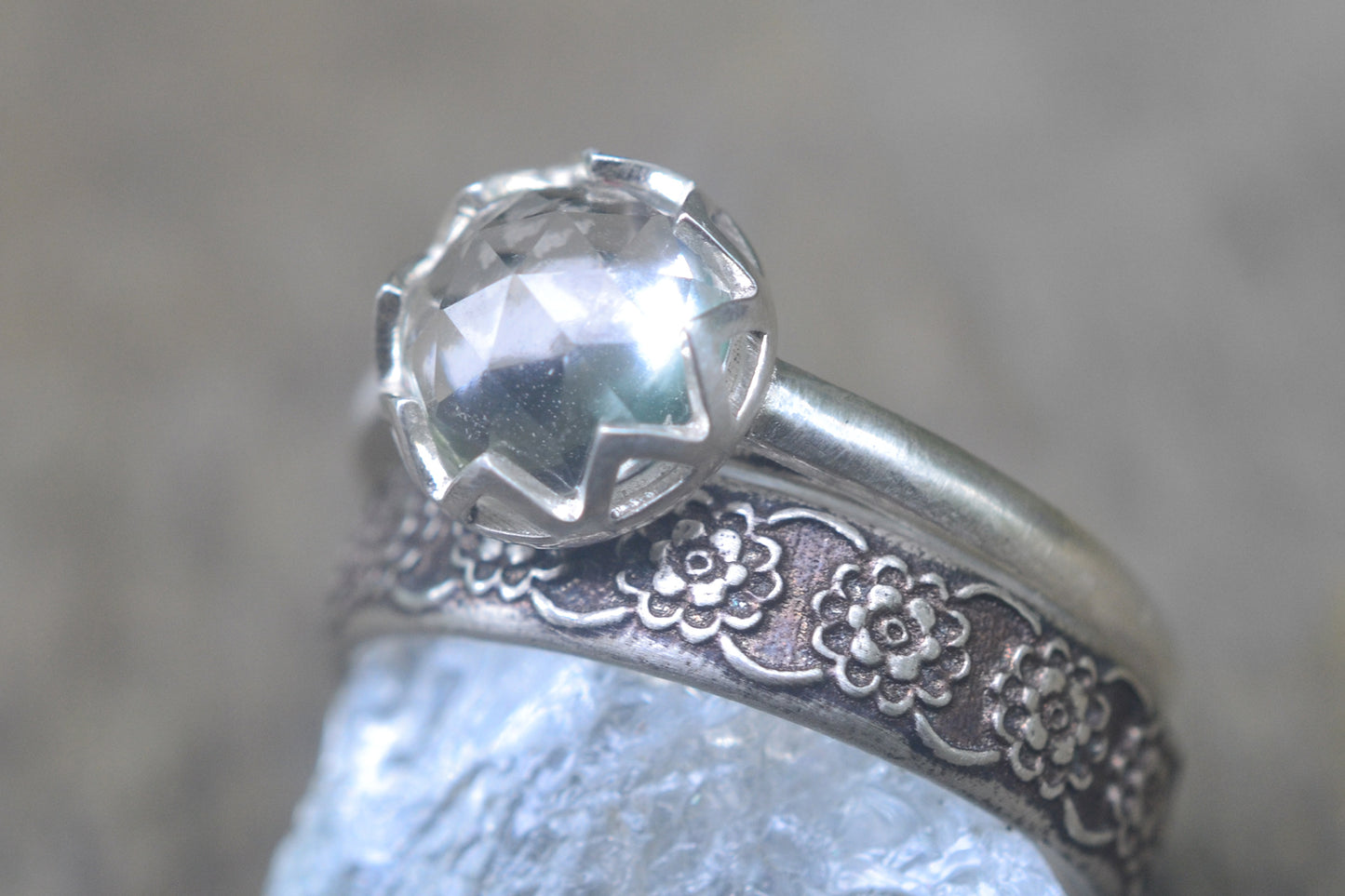 White Topaz Ring With Wildflower Wedding Band