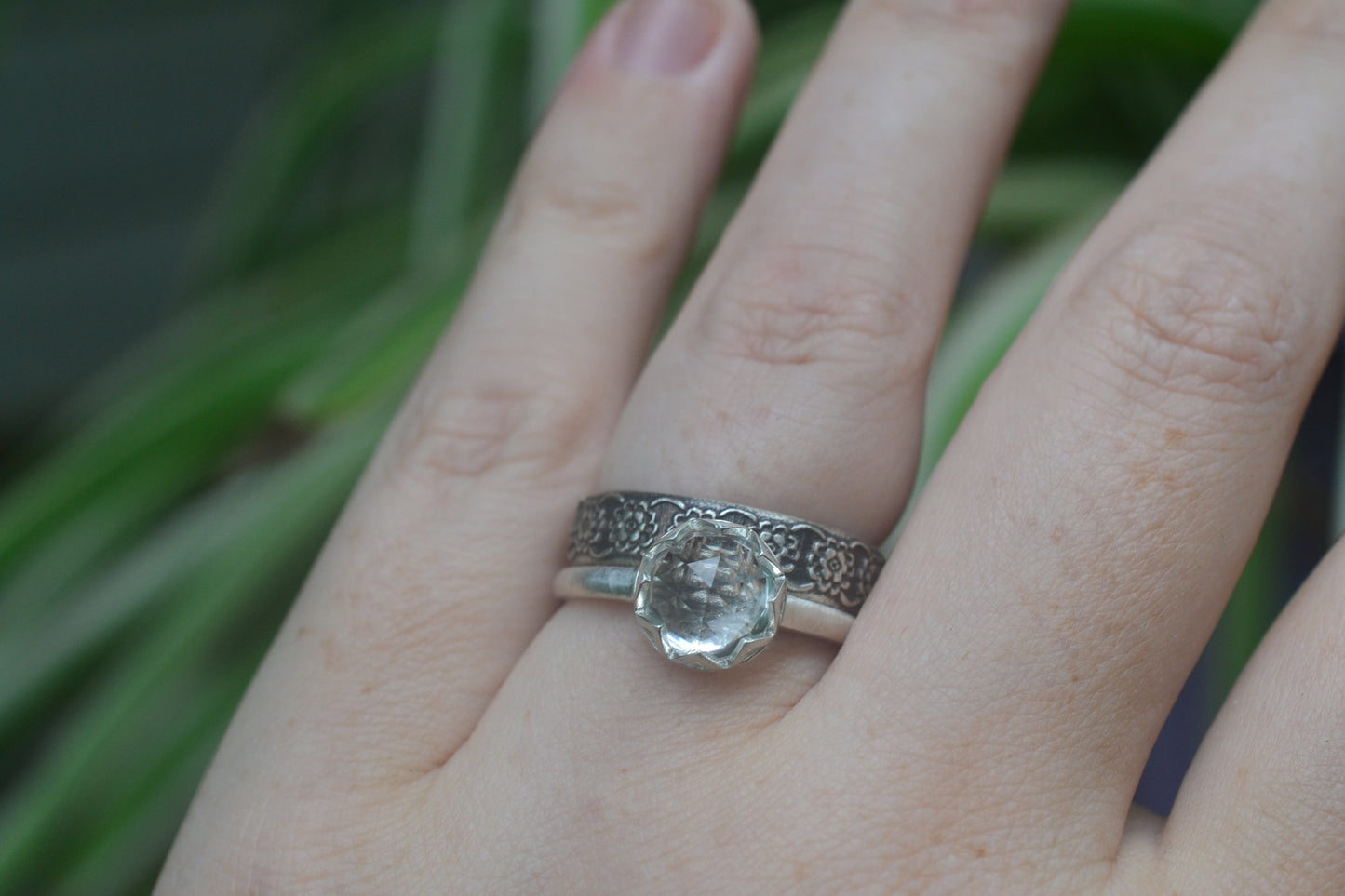 Natural White Topaz Bridal Set With Flower Wedding Band