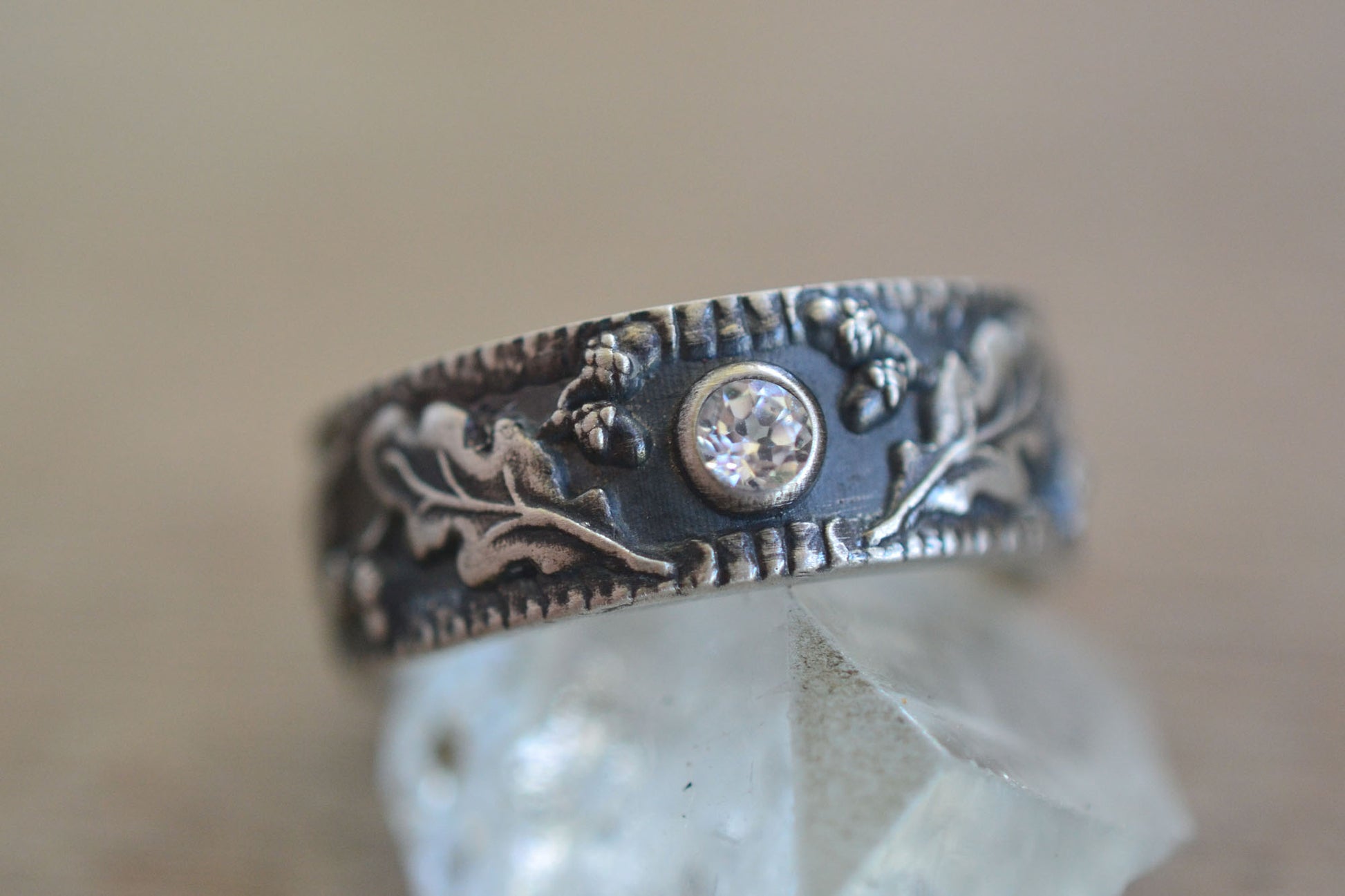 Natural White Zircon Wedding Ring With Oak Leaves