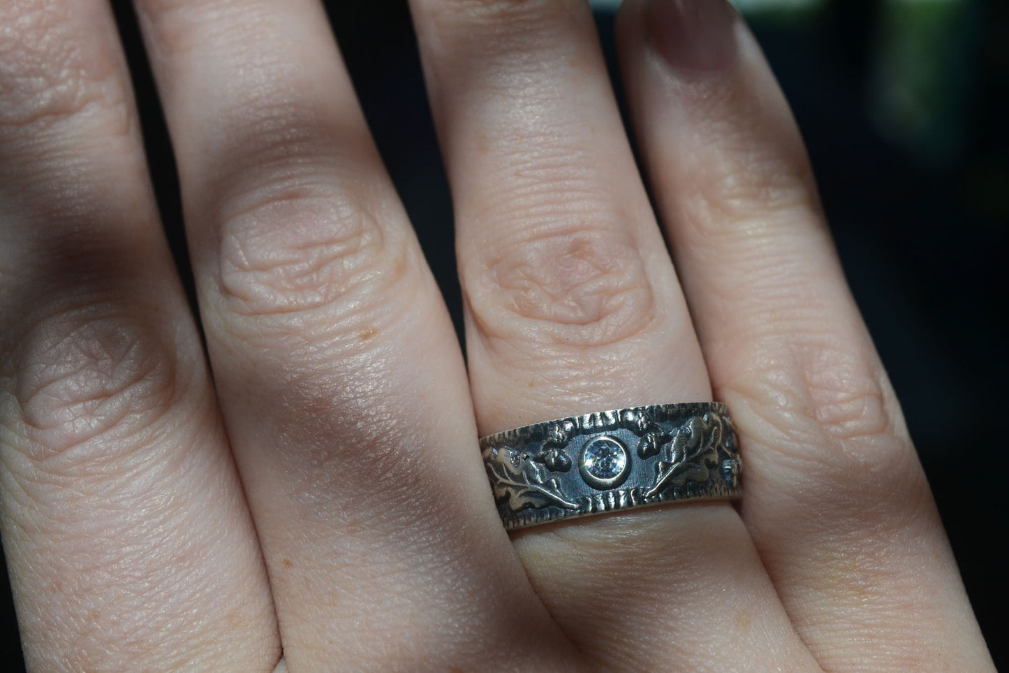 Wide Oxidised Silver Oak & Acorn Ring With Zircon