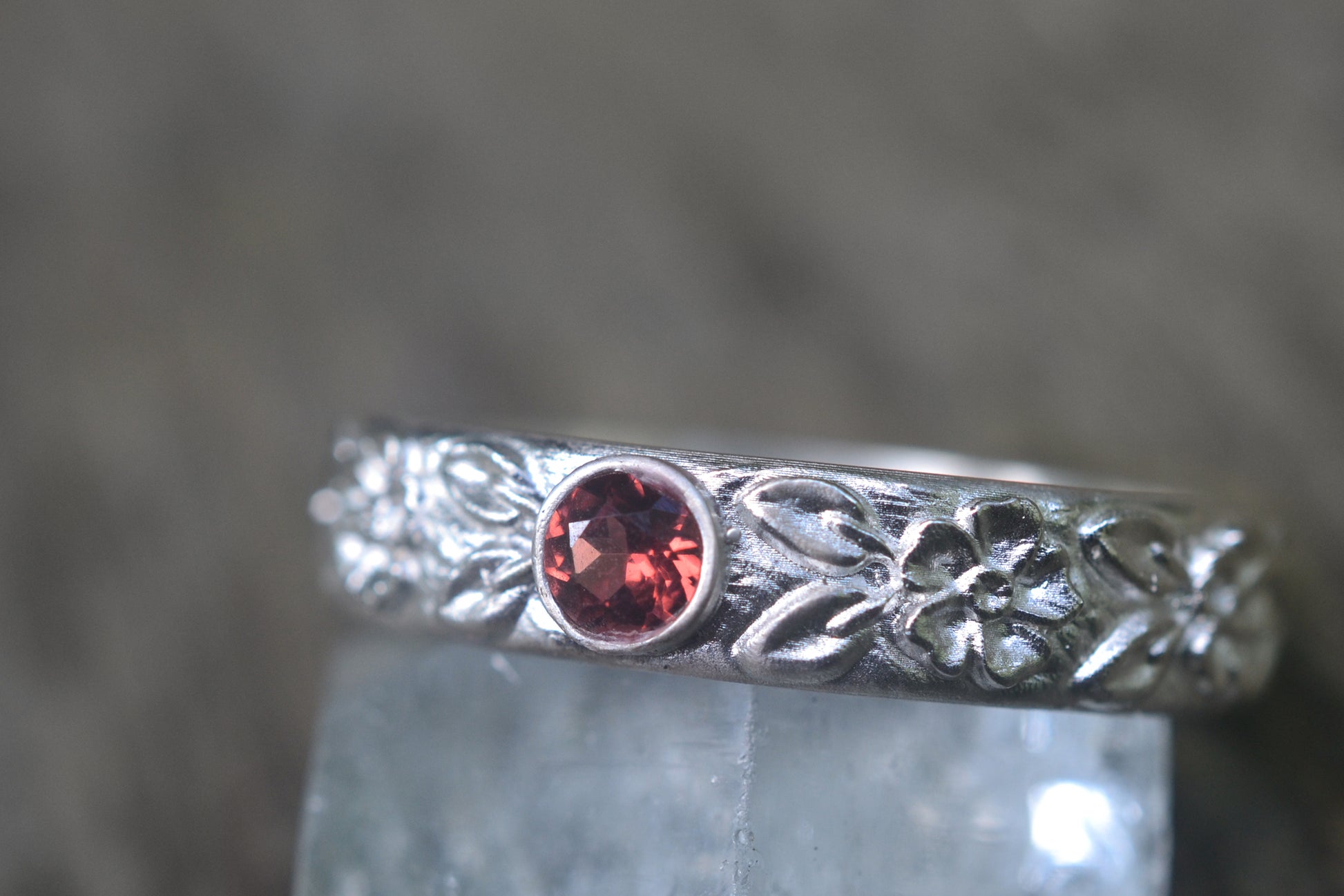 Red Stone Wedding Band With Floral Design