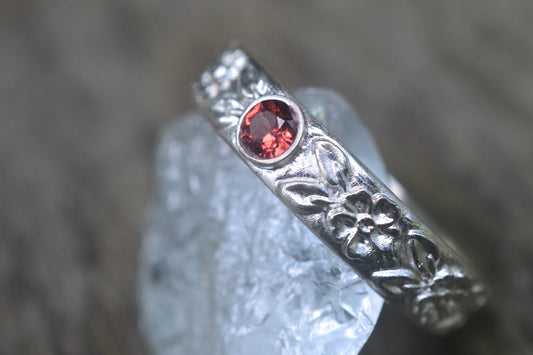 Wild Rose Wedding Band With Red Garnet