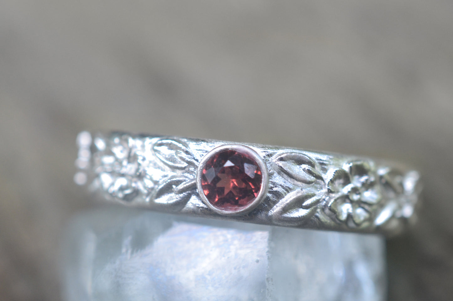 Rose Wedding Ring With Inset Red Garnet