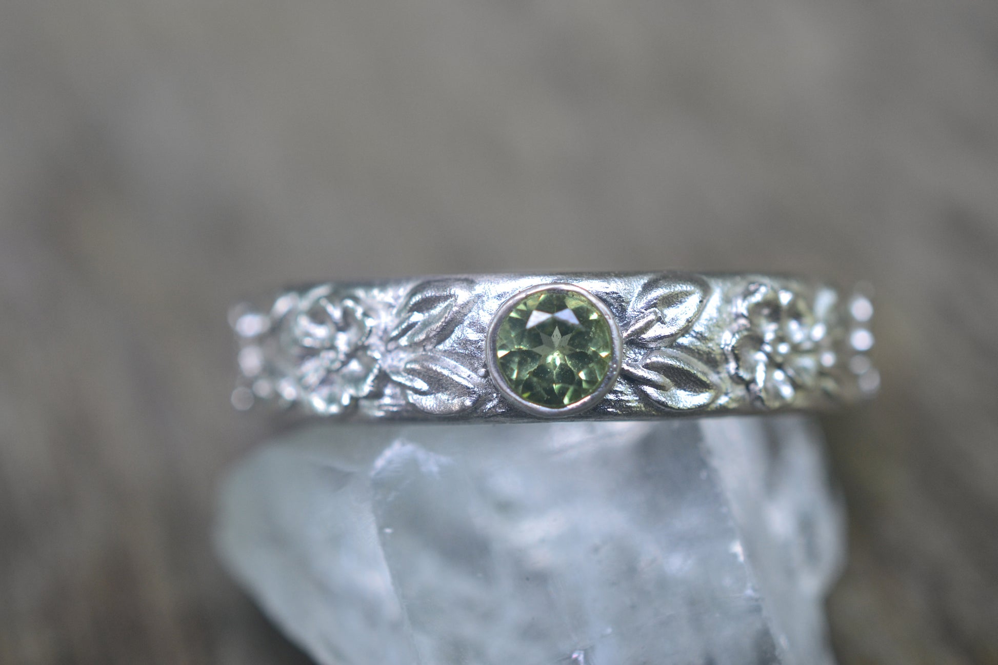 Peridot Wedding Ring With Rose Design
