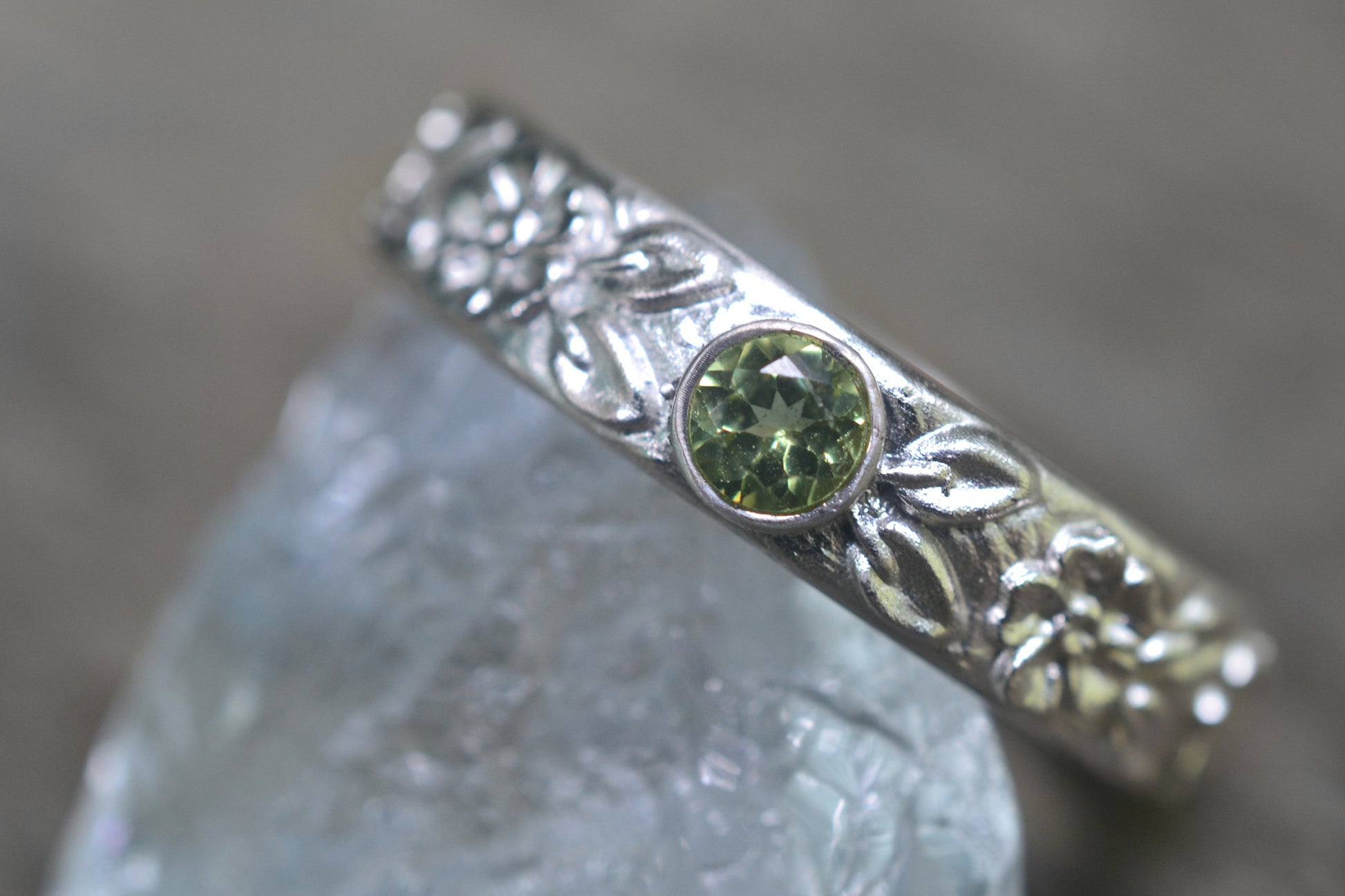 Green Crystal Wedding Band With Rose Pattern