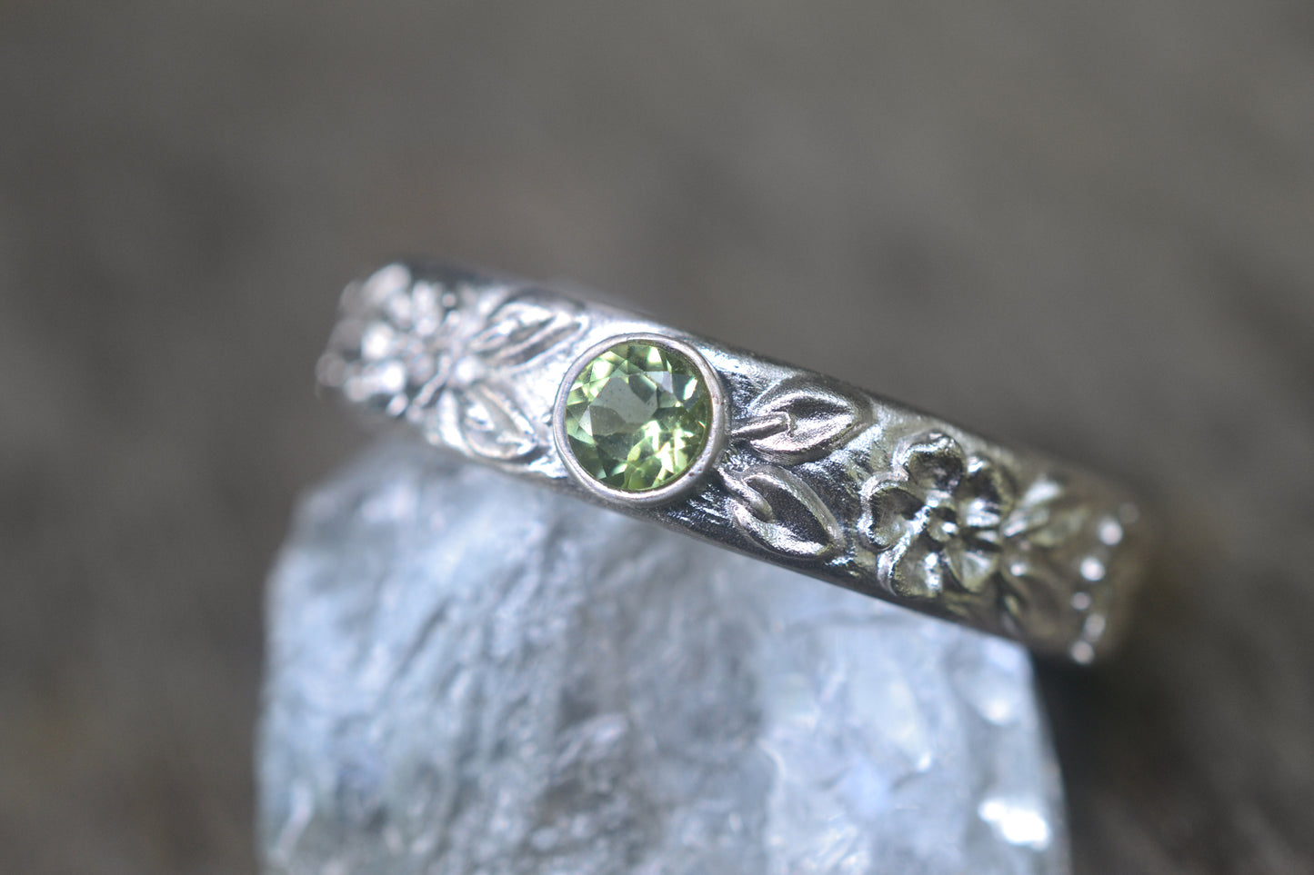 Wild Rose Peridot Wedding Band In Sterling Silver