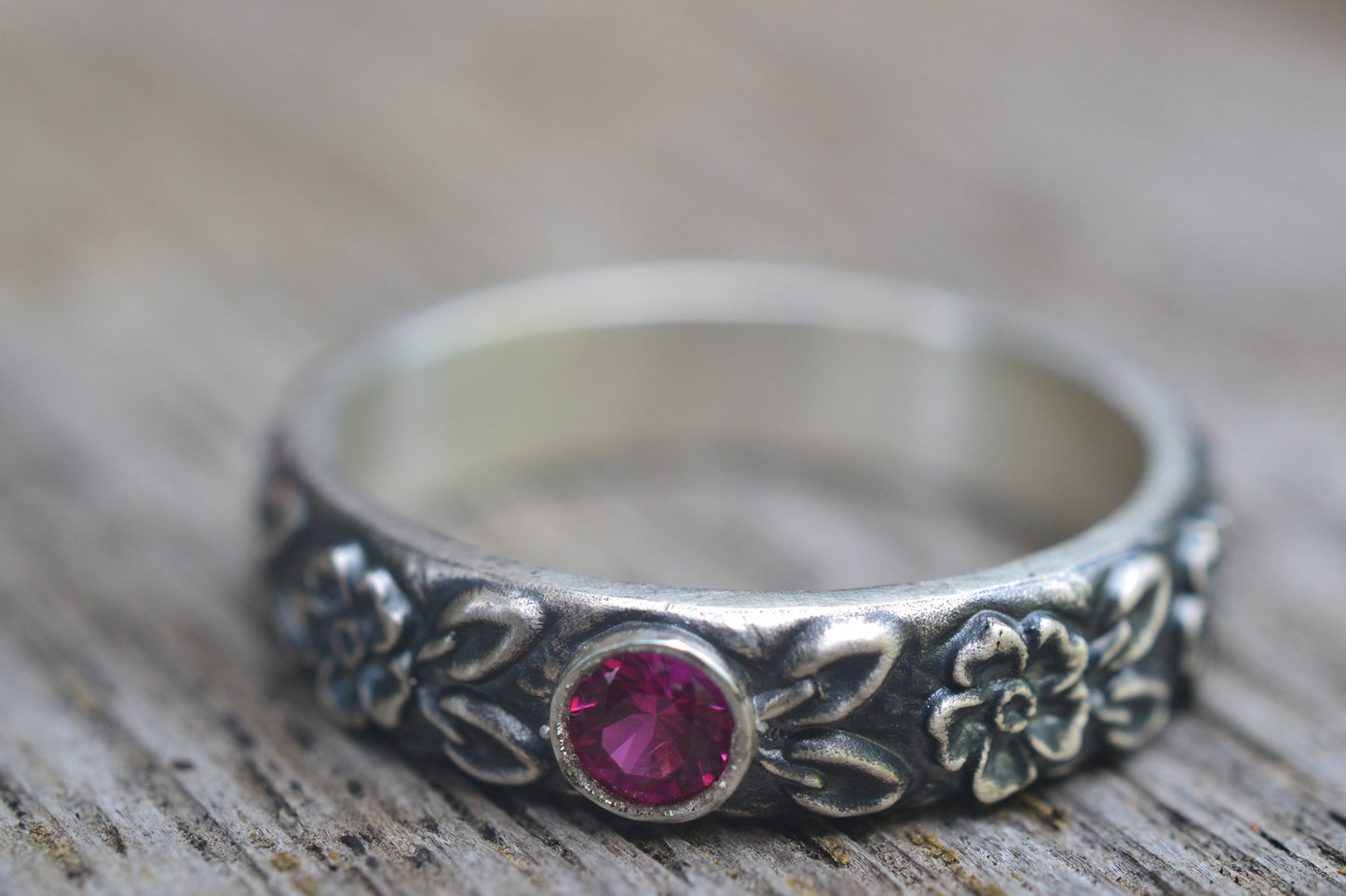 Ruby Wedding Band With Rose Pattern